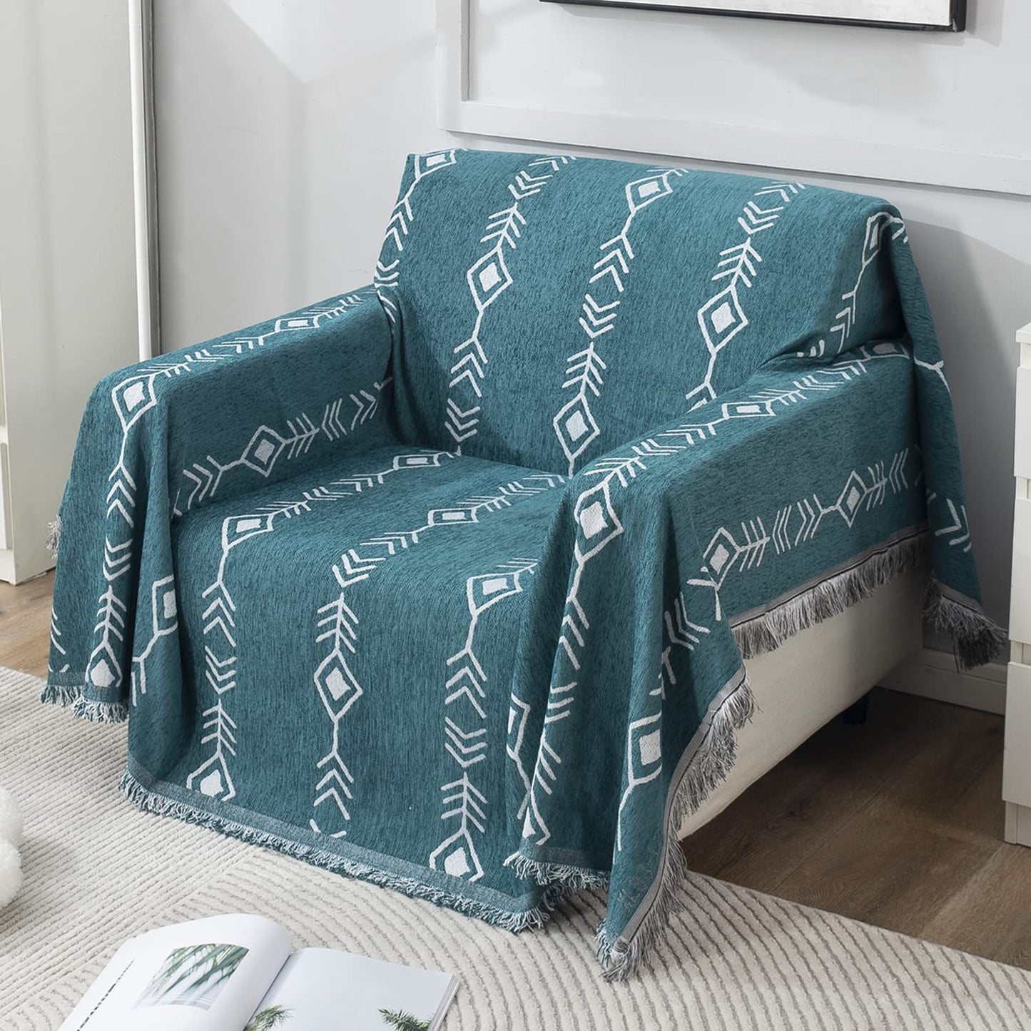 Thick, Soft and Pet Friendly Chenille Sofa Cover Throw, Teal Aztec