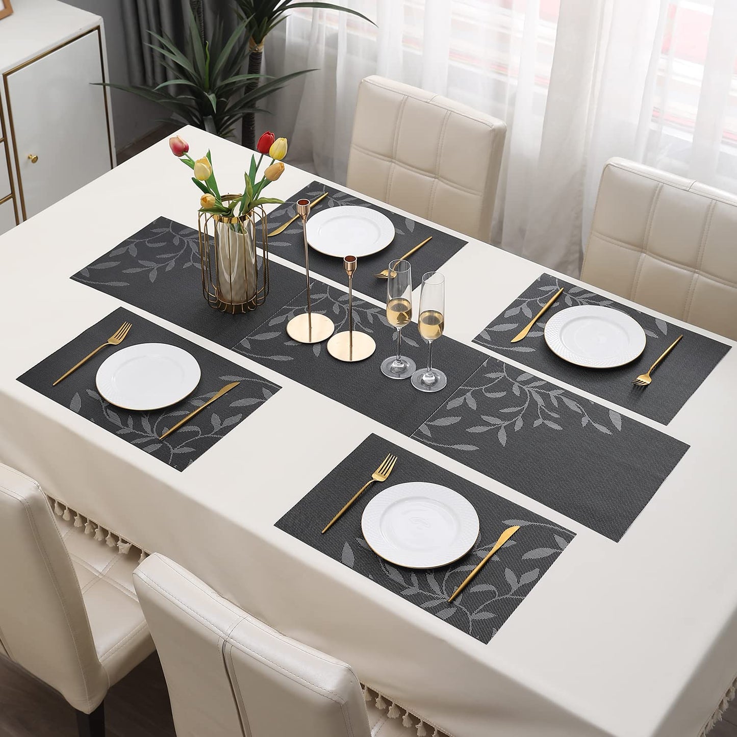 PVC Dining Table Mats, Black Leaves