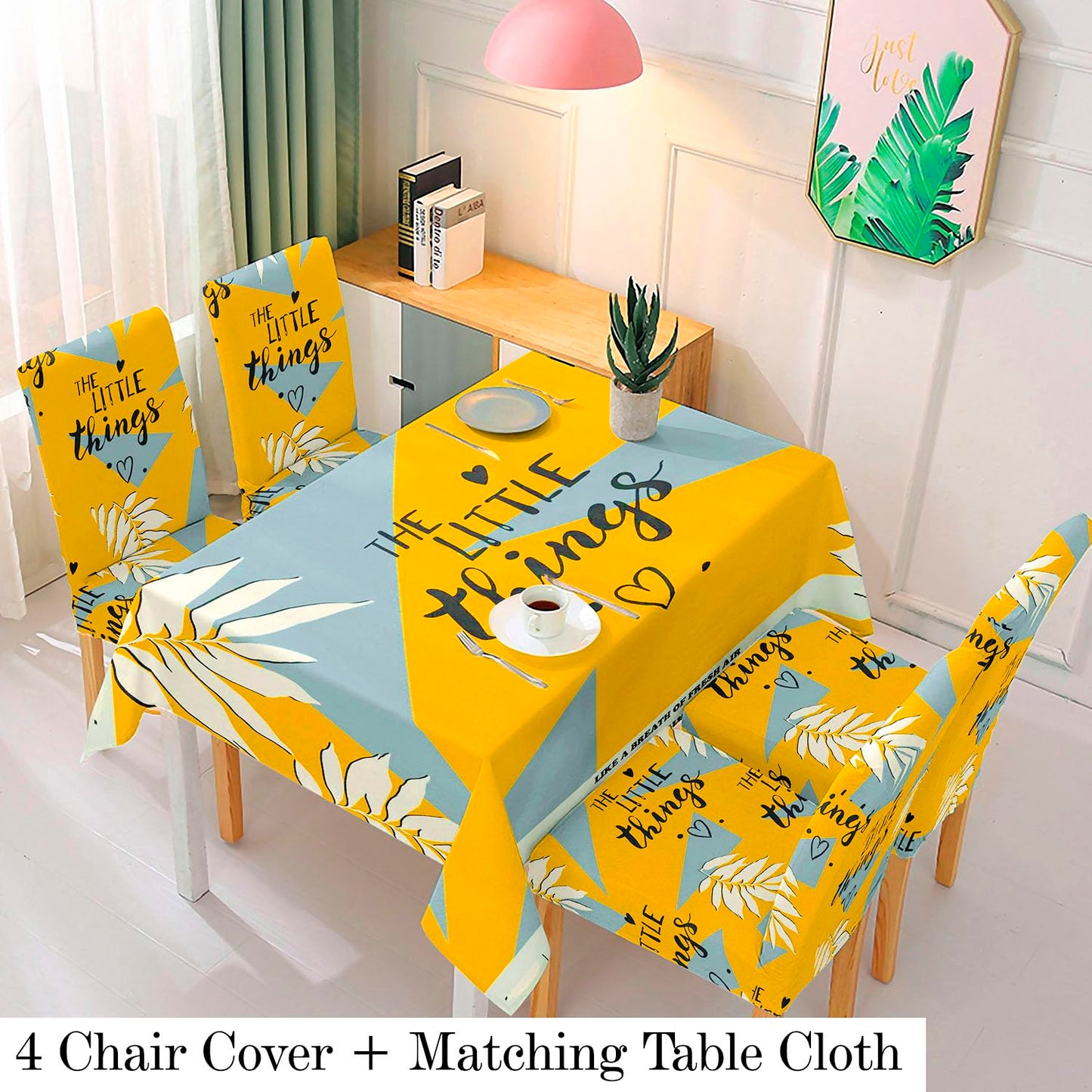 Polyester Dining Chair Covers Set of 4/6 with Matching Tablecloth, Typography Cyber Yellow