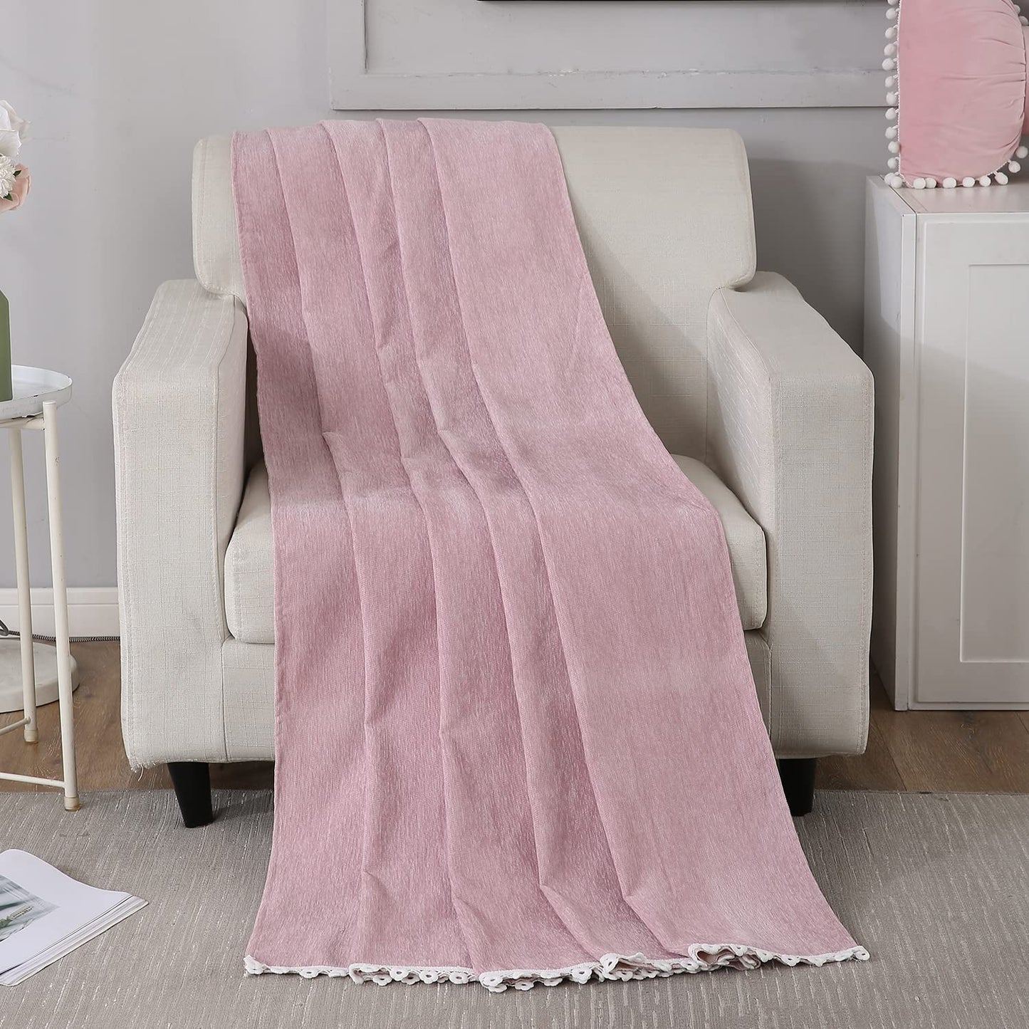 Pink chenille sofa throw cover is machine washable, available for 1, 2, 3 seater sofas