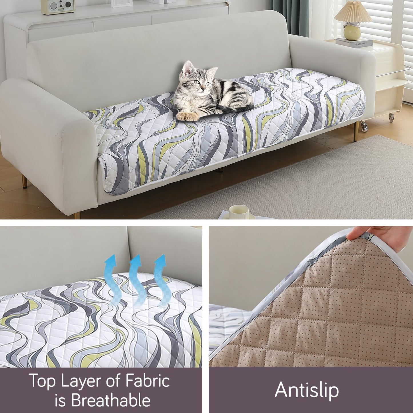 Quilted, Waterproof and Anti-Slip Sofa Cover Mat, Curved Lines Pearl White