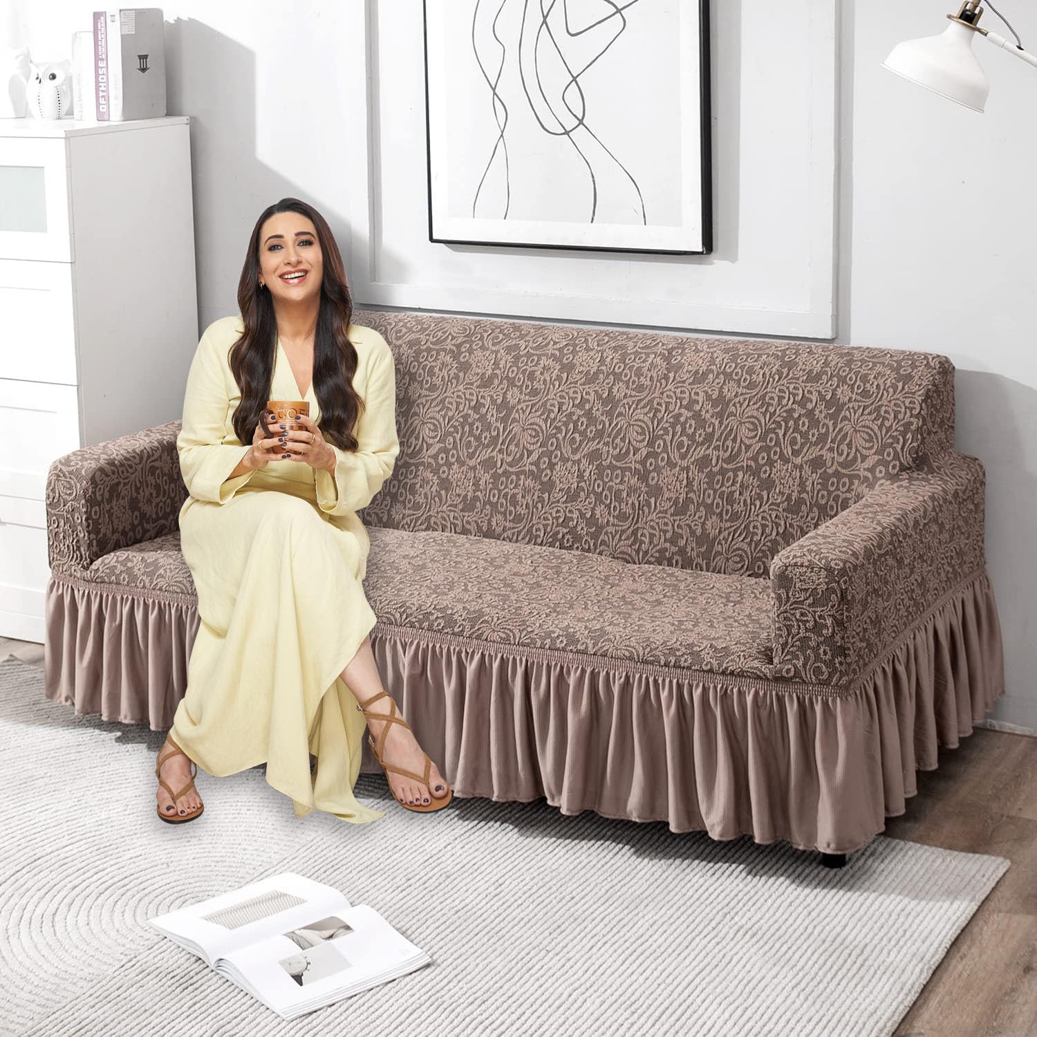 Light Taupe three seater designer woven jacquard frill sofa cover set
