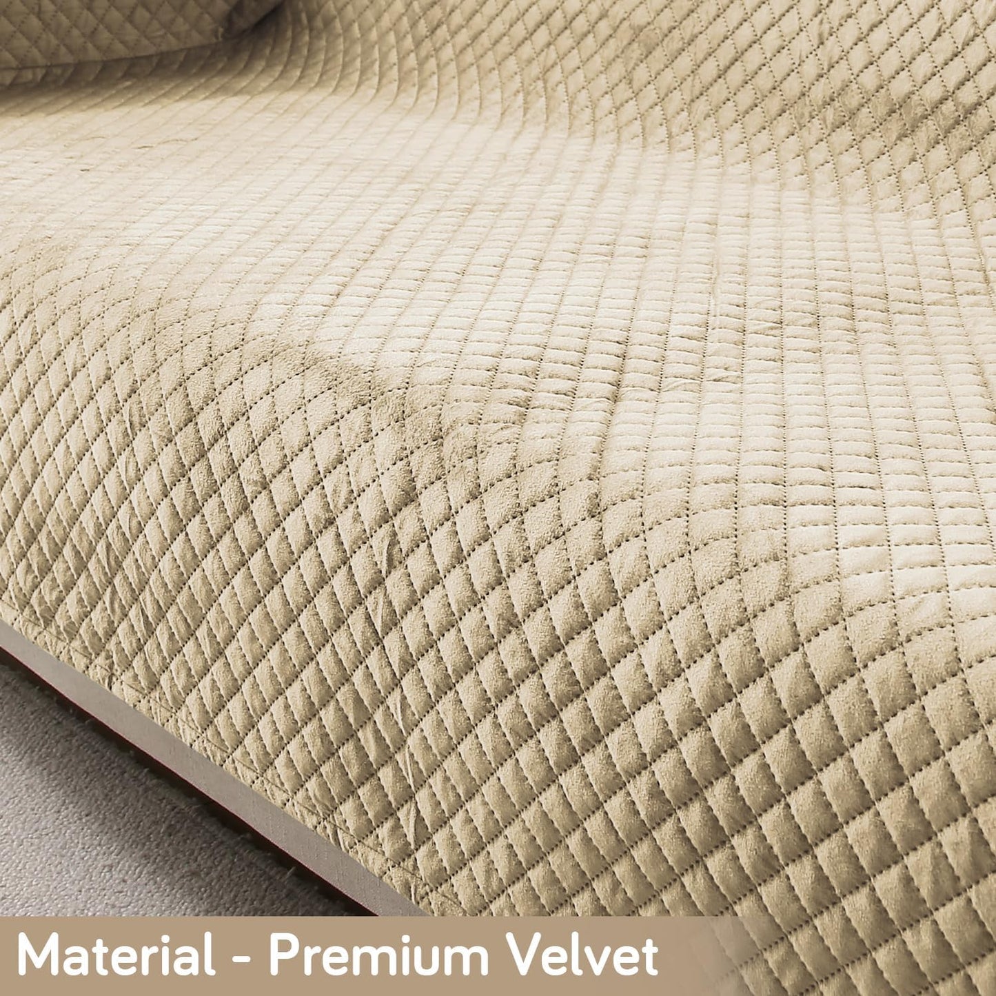 Quilted Velvet Sofa Cover Mat with Side Pockets, Pet Friendly, Natural Beige