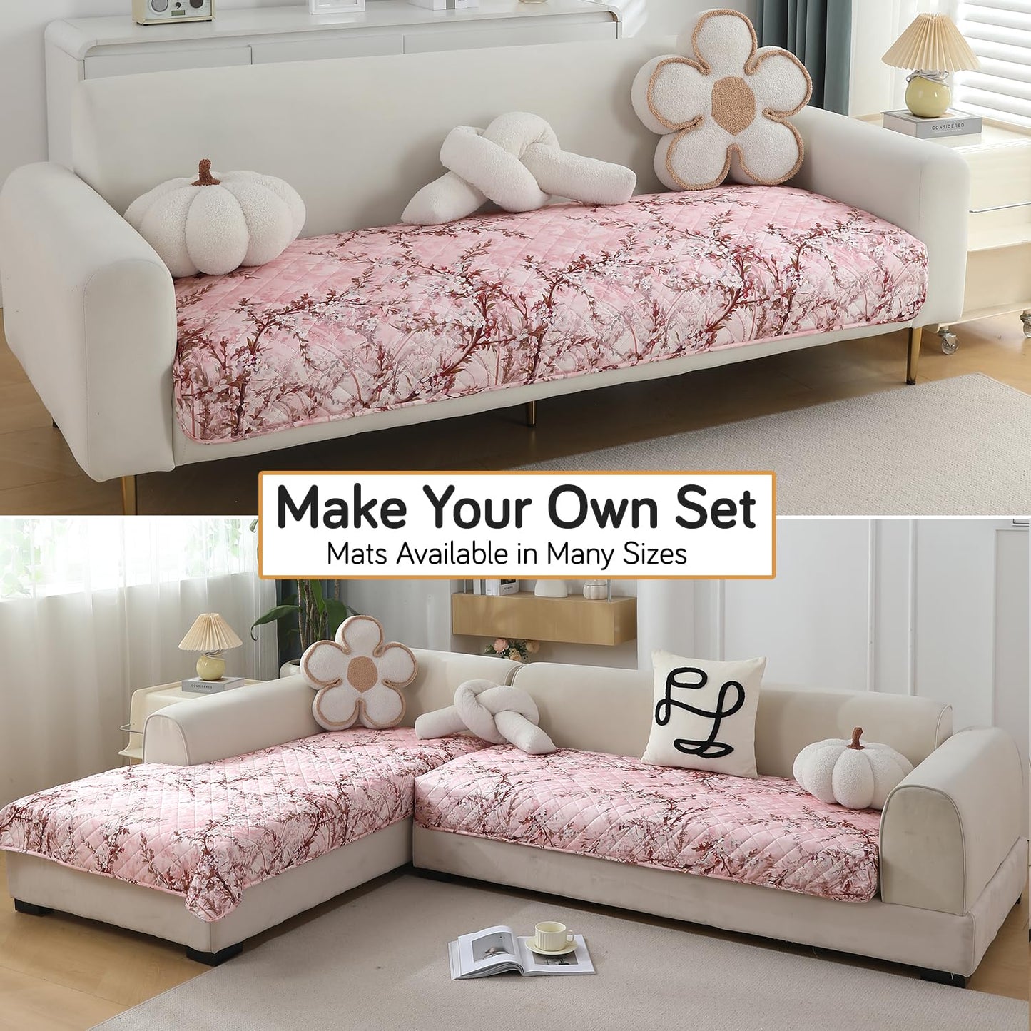 Quilted, Waterproof and Anti-Slip Sofa Cover Mat, Blossom Flower Pink
