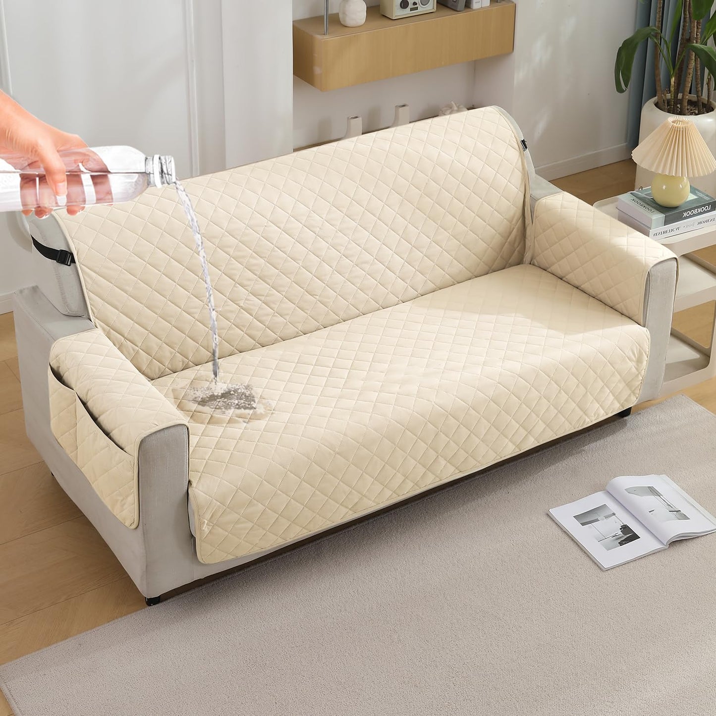 Quilted Waterproof Sofa Cover Mat with Pockets on Armrest Cover - Cream