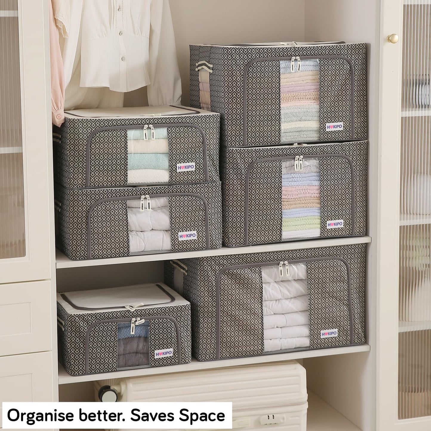 Wardrobe Organizer Storage Box | Foldable Cloth Storage Boxes with Metal Frame & Window | 600D Oxford Fabric, Charcoal Grey