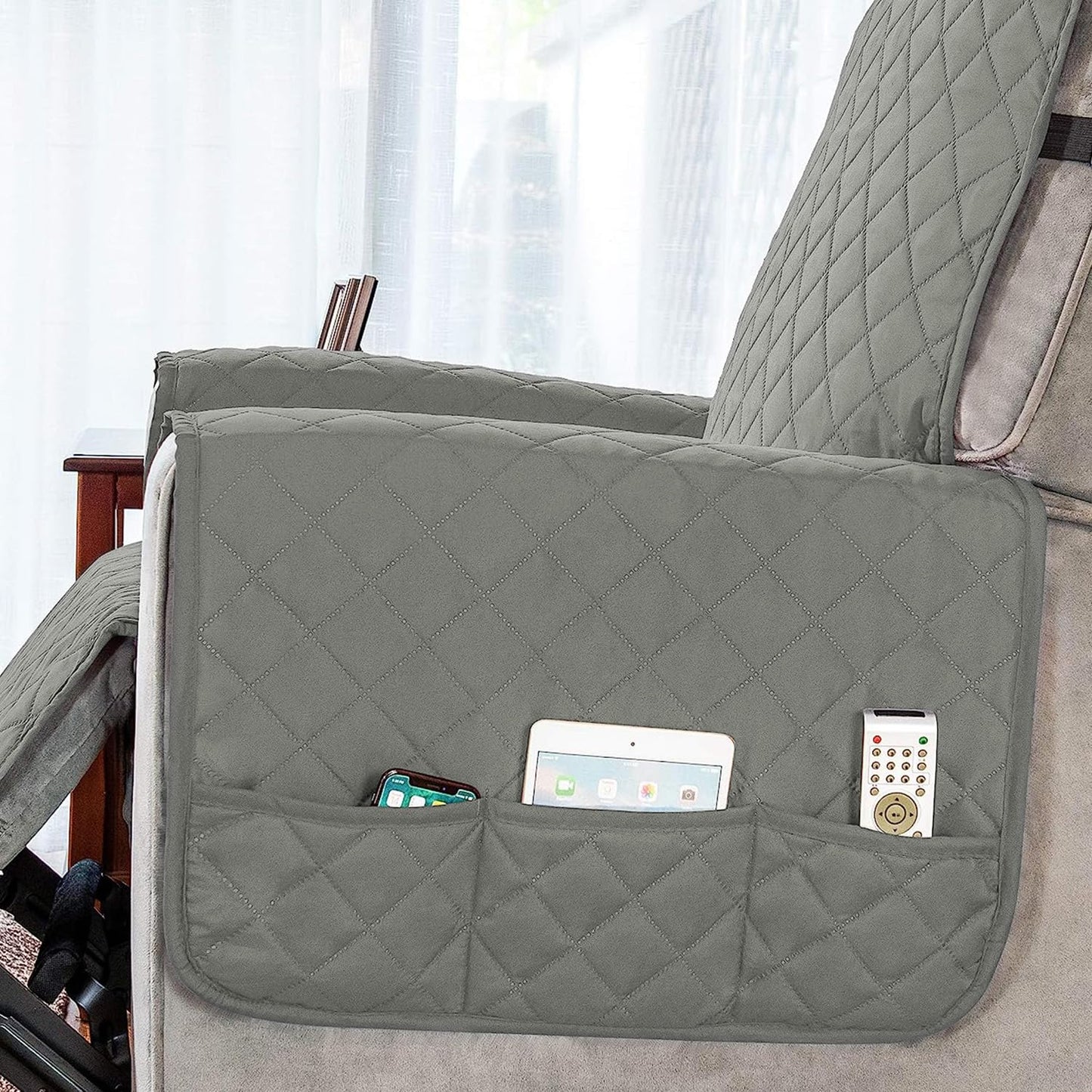 Quilted Recliner Chair Cover With Side Pockets for 1 Seater Sofa, Light Grey