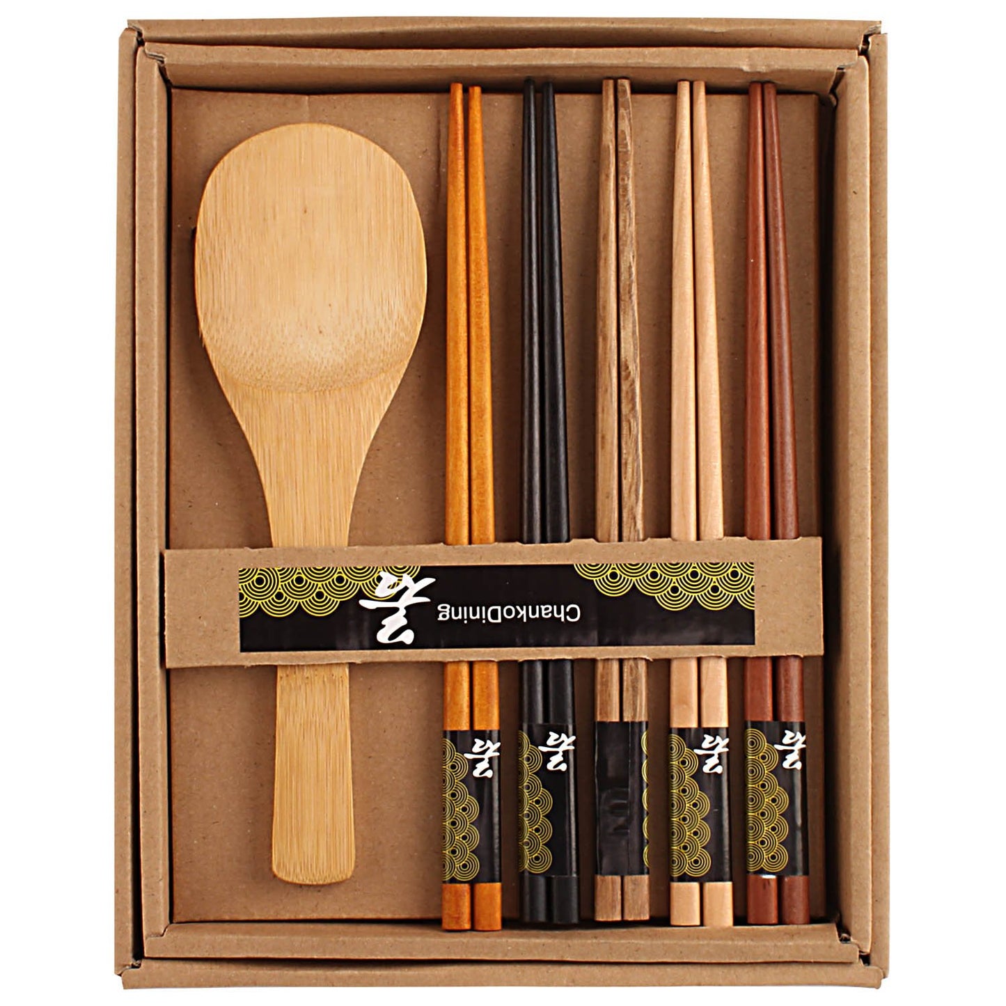 5 Pairs Wooden Bamboo Chopsticks with Rice Serving Spoon