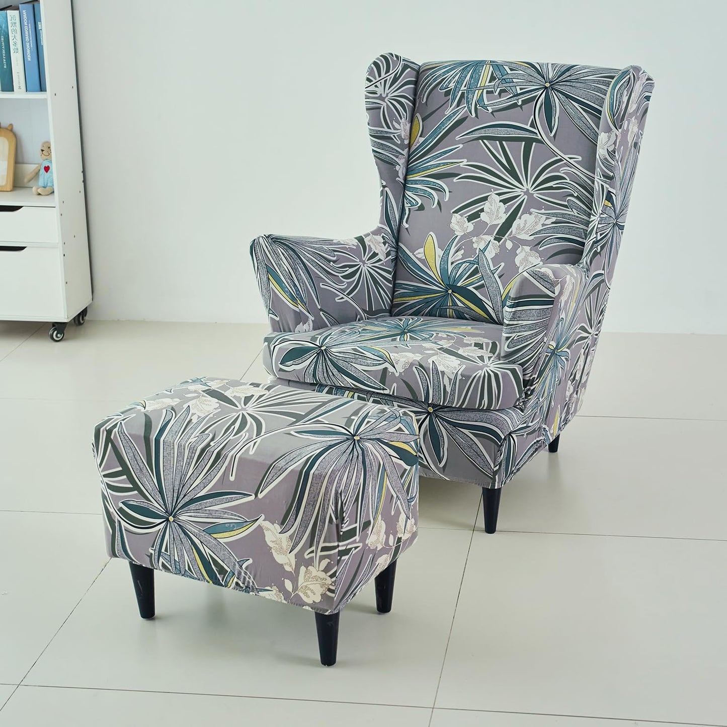 Buy Frost Grey Marginata Stretchable Wingback Chair & Footstool Cover