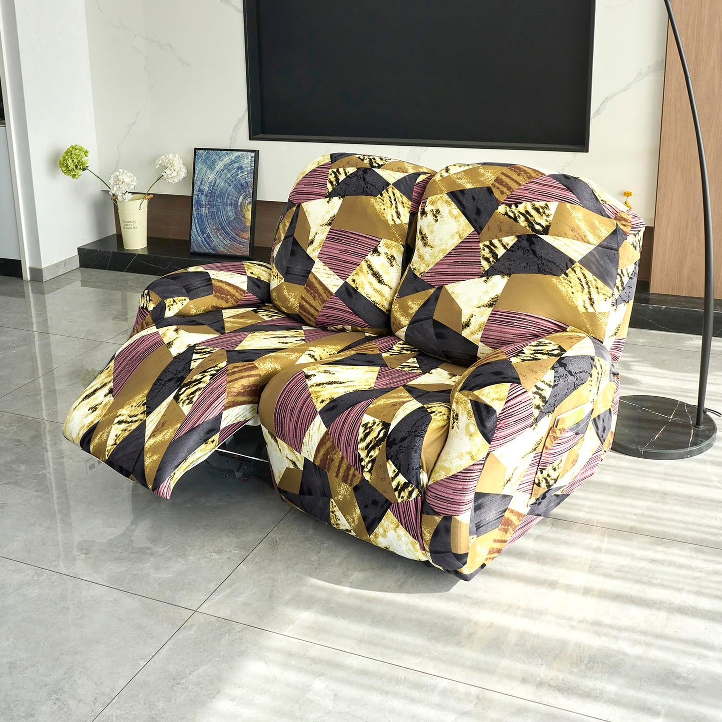 2 seater Wine Abstract Geometry Print stretchable stretchable polyester recliner cover
