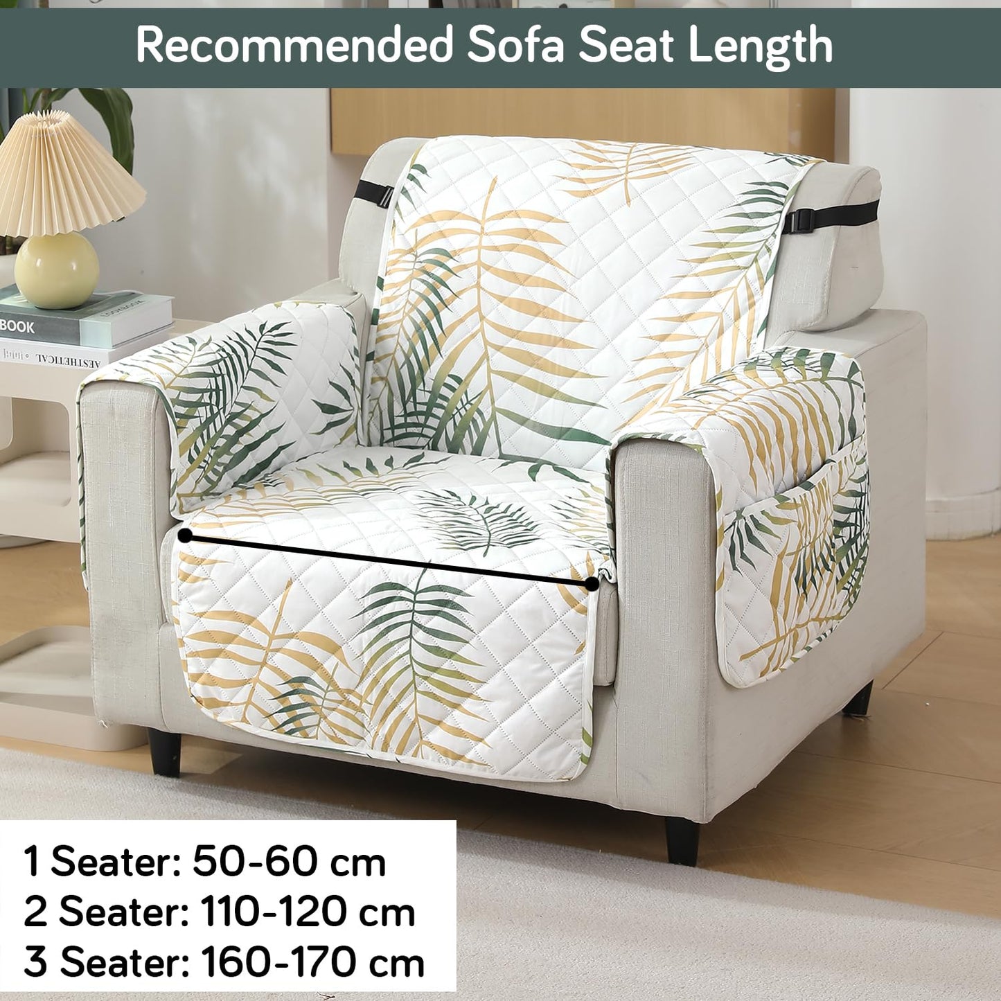 Quilted Waterproof Sofa Cover Mat with Pockets on Armrest Cover - Palm Leaves Forest Green