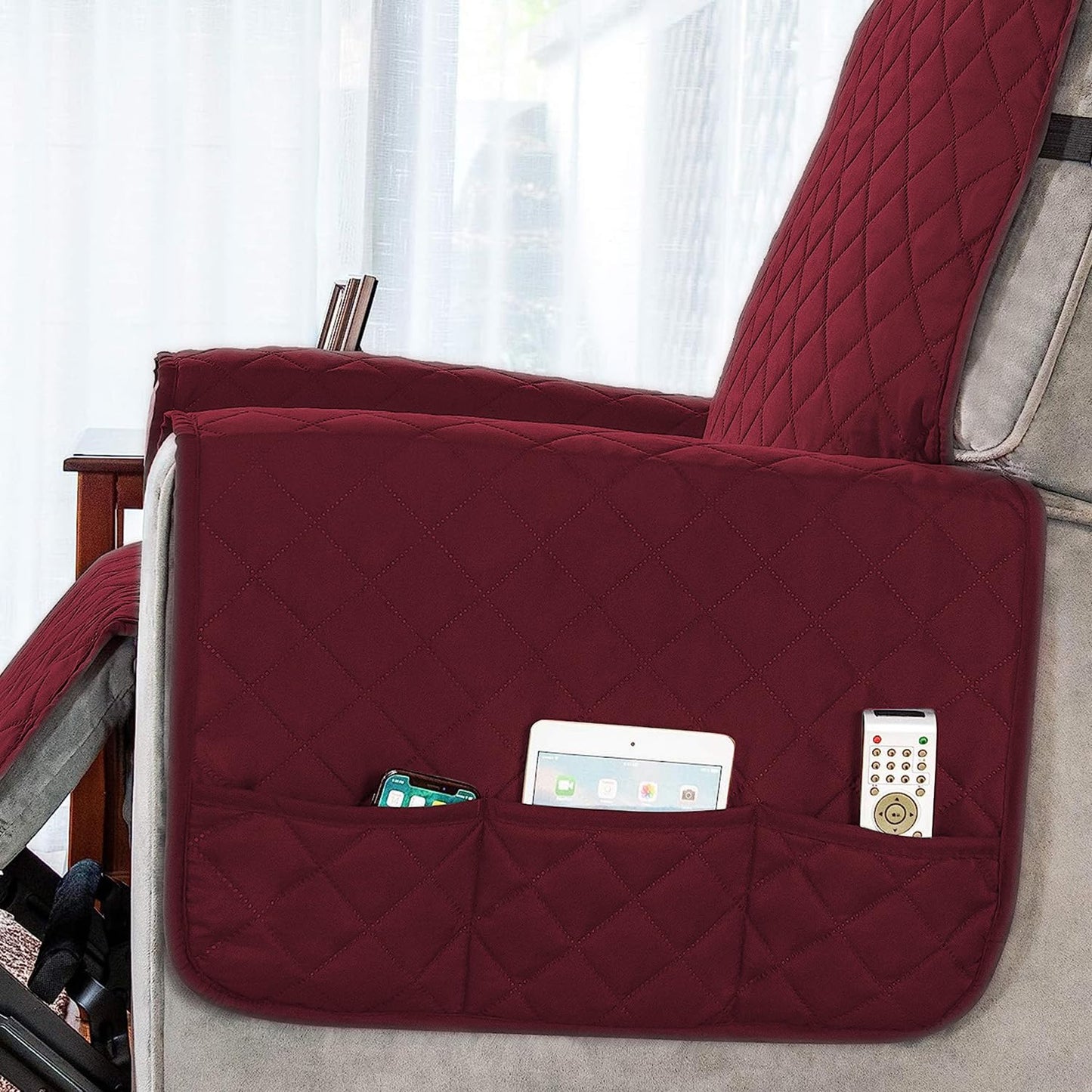 Quilted Recliner Chair Cover With Side Pockets for 1 Seater Sofa, Burgundy
