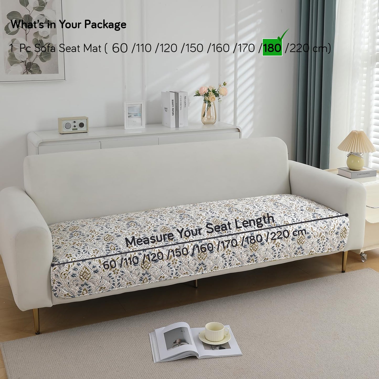 Quilted Waterproof and Anti-Slip Sofa Cover Mat, Damask White