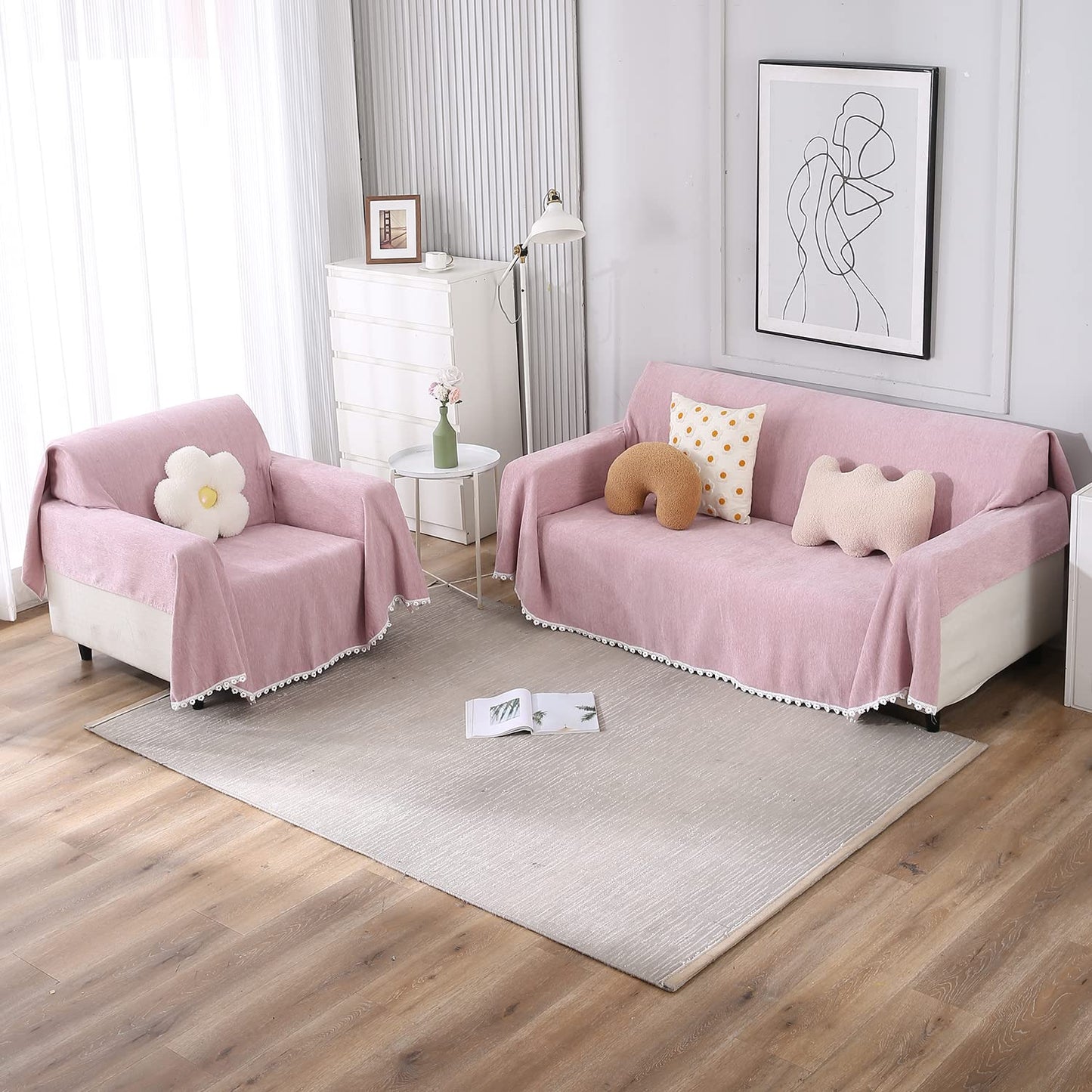 3+1 seater Pink colour chenille sofa throw set