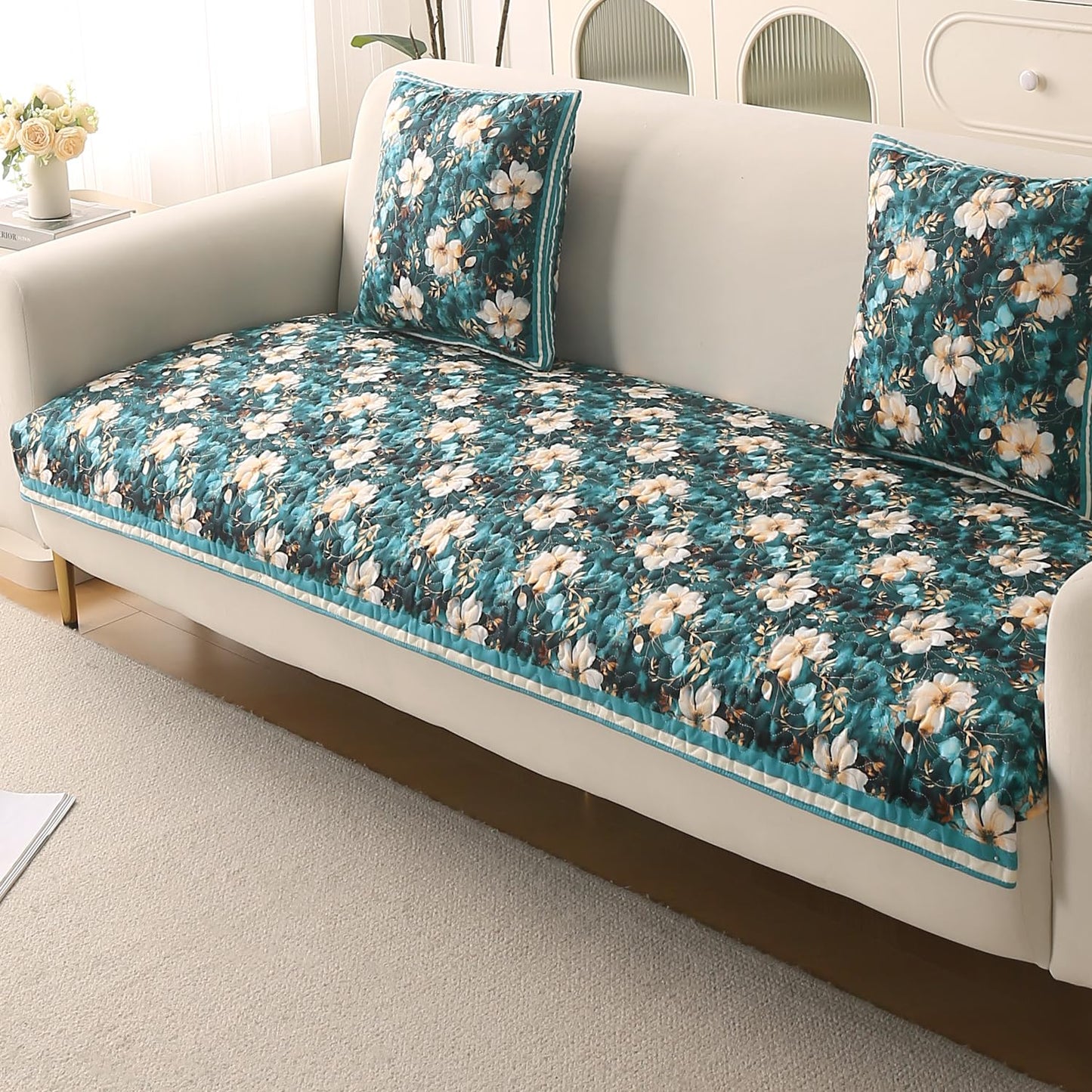 Florentina Series Premium Holland Velvet Sofa Cover Mat - Pansies Teal