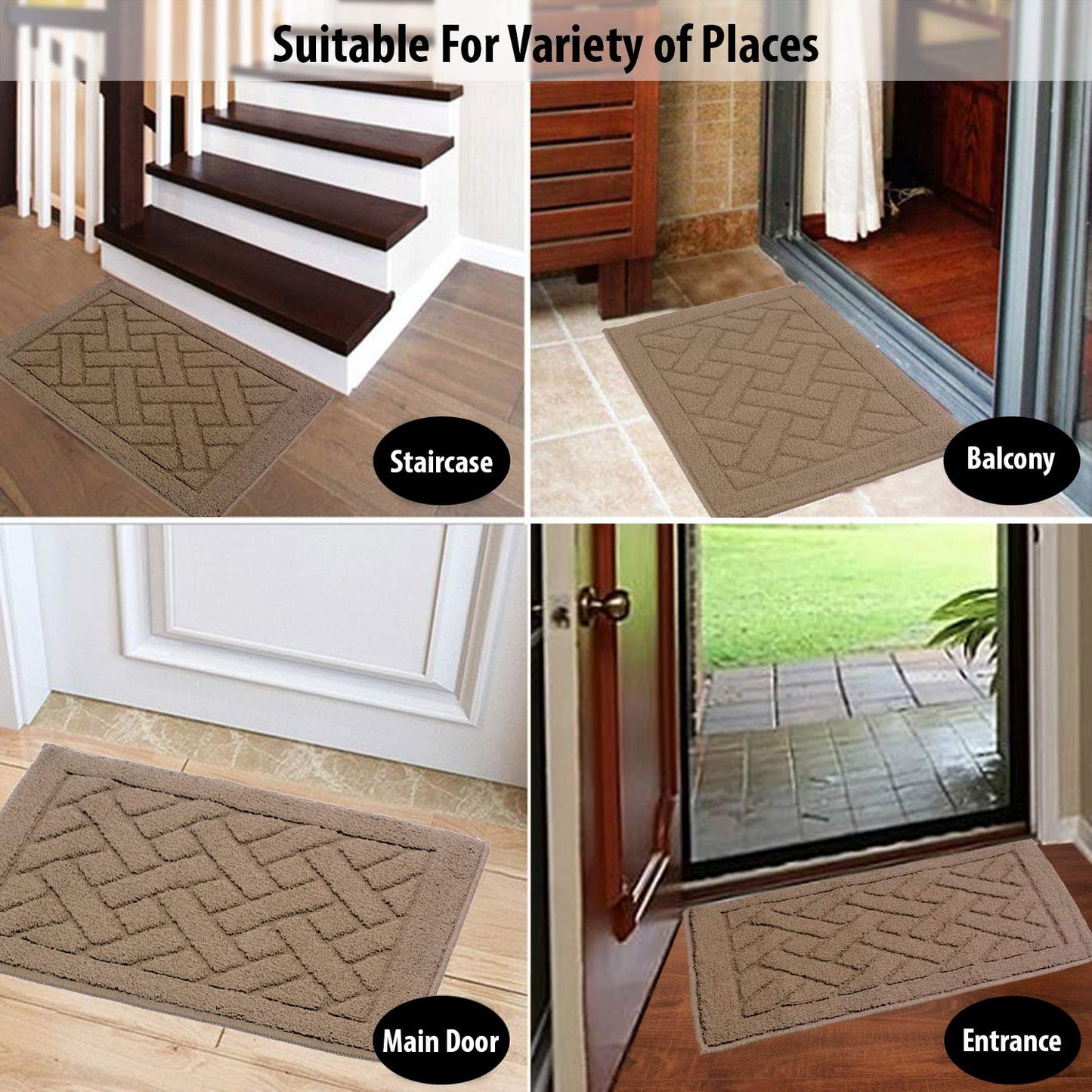 Front Door Inside and Outside Dirt Trapper Mat Polypropylene Fiber Anti-Slip Rubber Back Machine Washable Mat, Rectangular - 45 x 70 cm, Light Brown