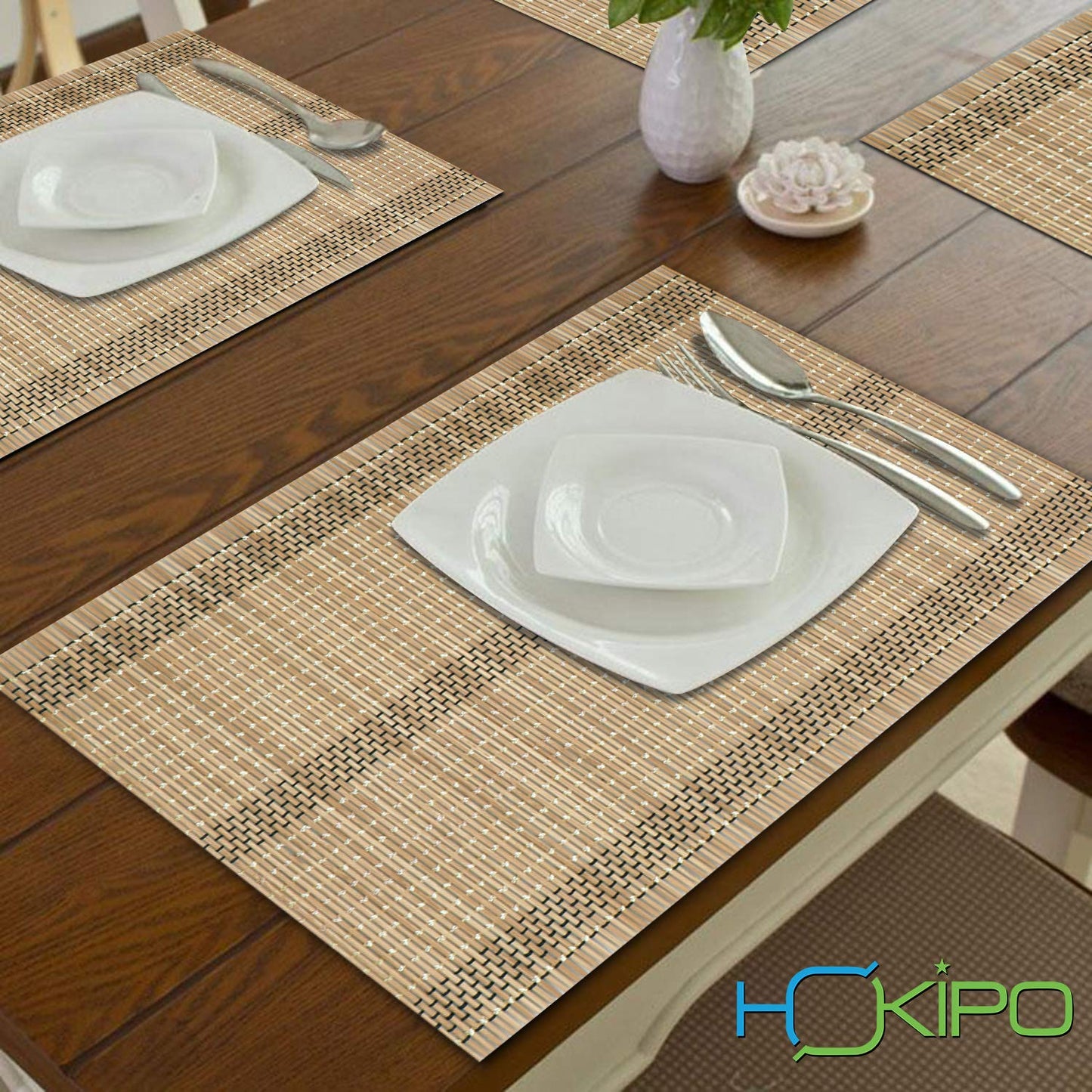 Reversible Bamboo Table Mats for Dining Table, Set of 4 Placemats, 45x30 cm, Hazel Wood