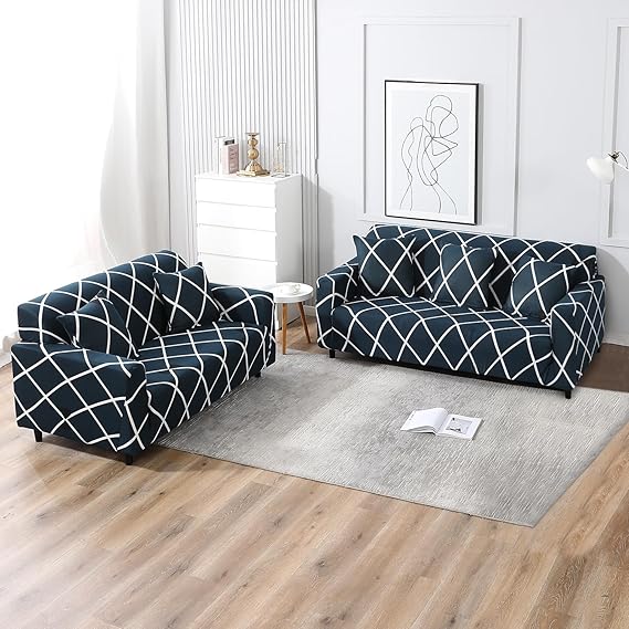 Elastic Stretchable Printed Sofa Cover, Teal Diamond