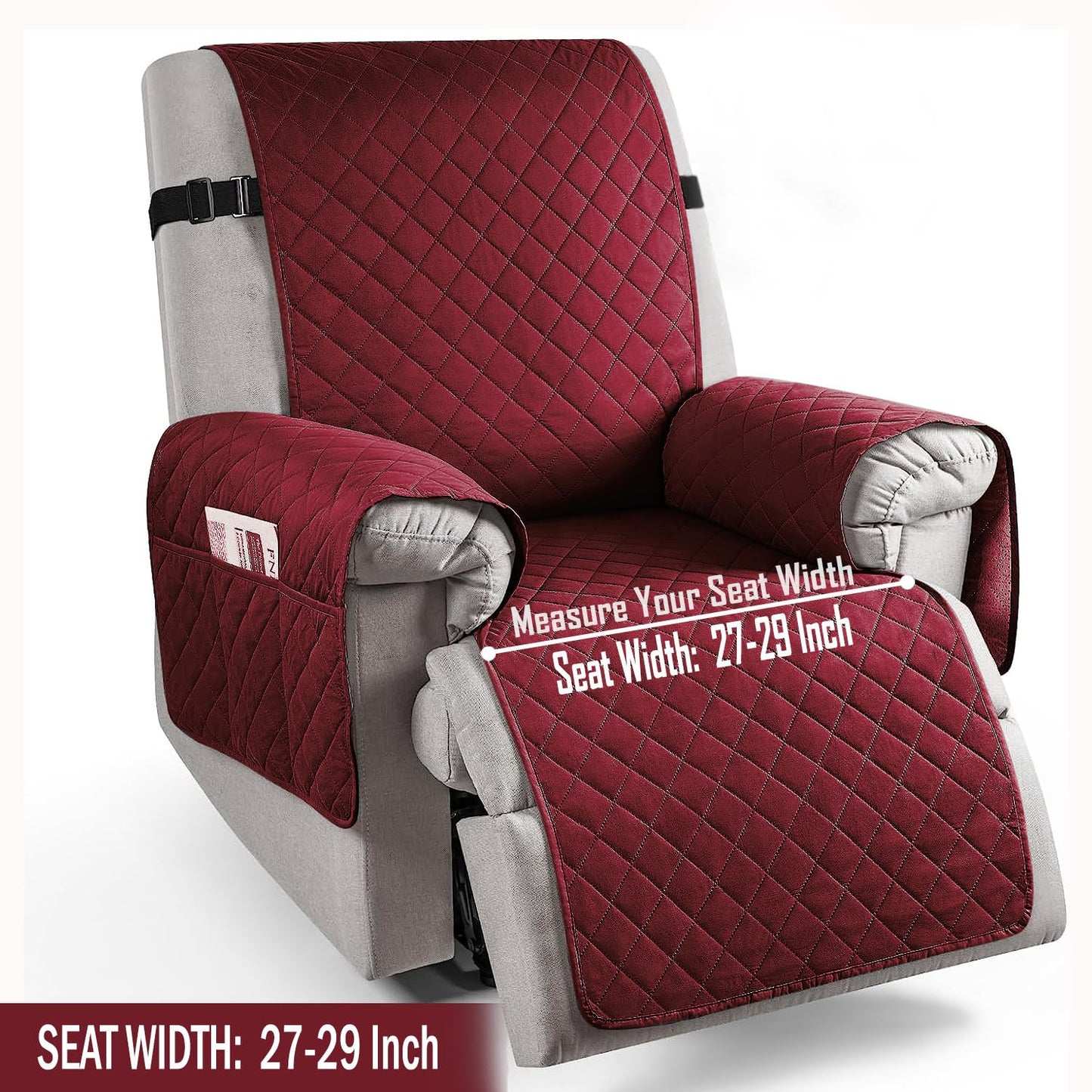 Quilted Recliner Chair Cover With Side Pockets for 1 Seater Sofa, Burgundy