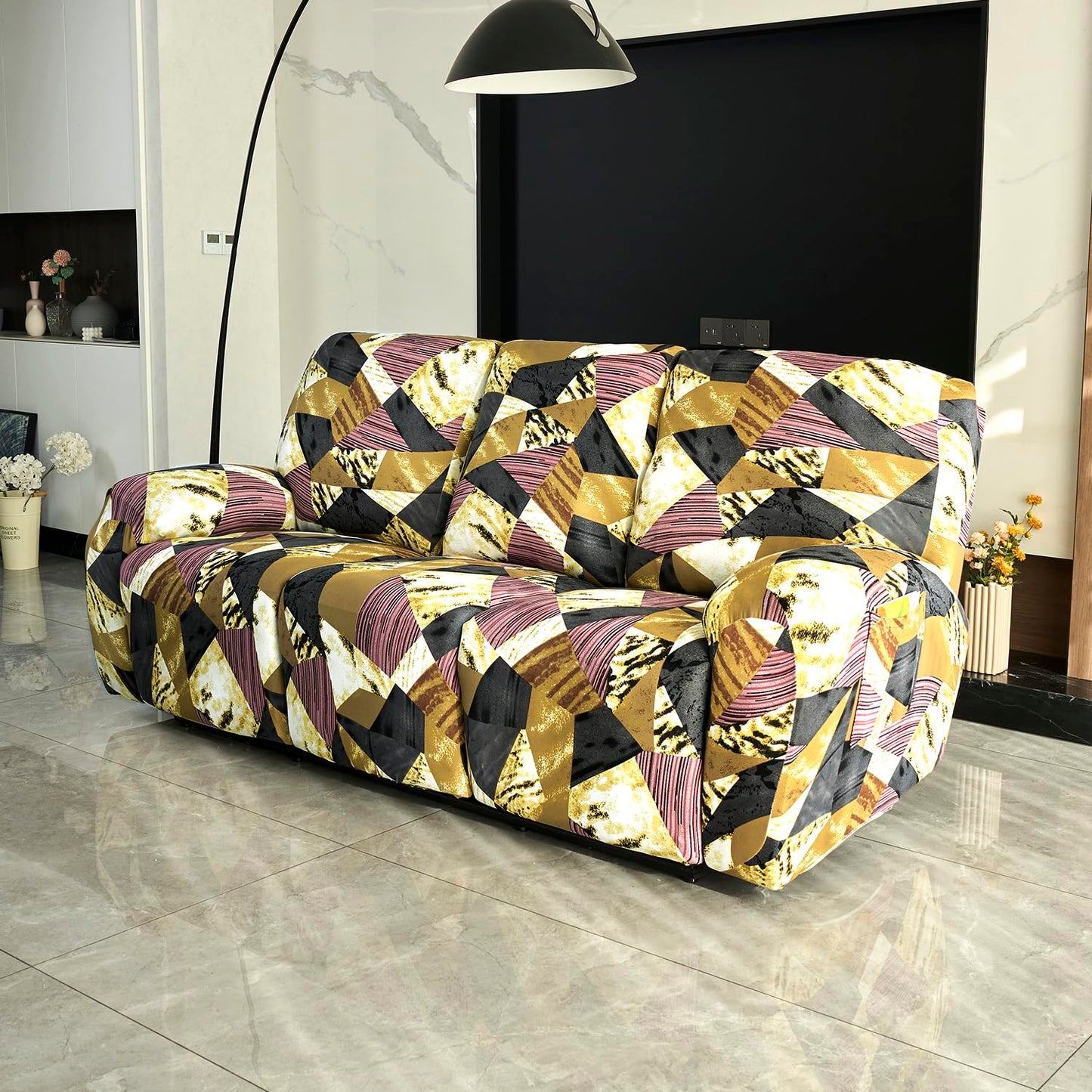3 seater Wine Abstract Geometry Print elastic stretchable polyester recliner sofa cover