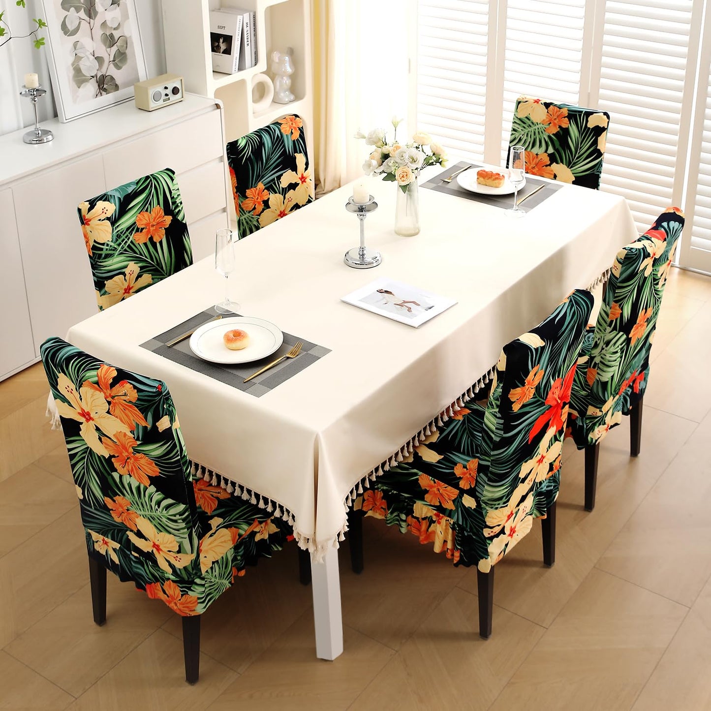 Stretchable Frill Chair Cover Set of 1/2/4/6, Spring Green Hibiscus
