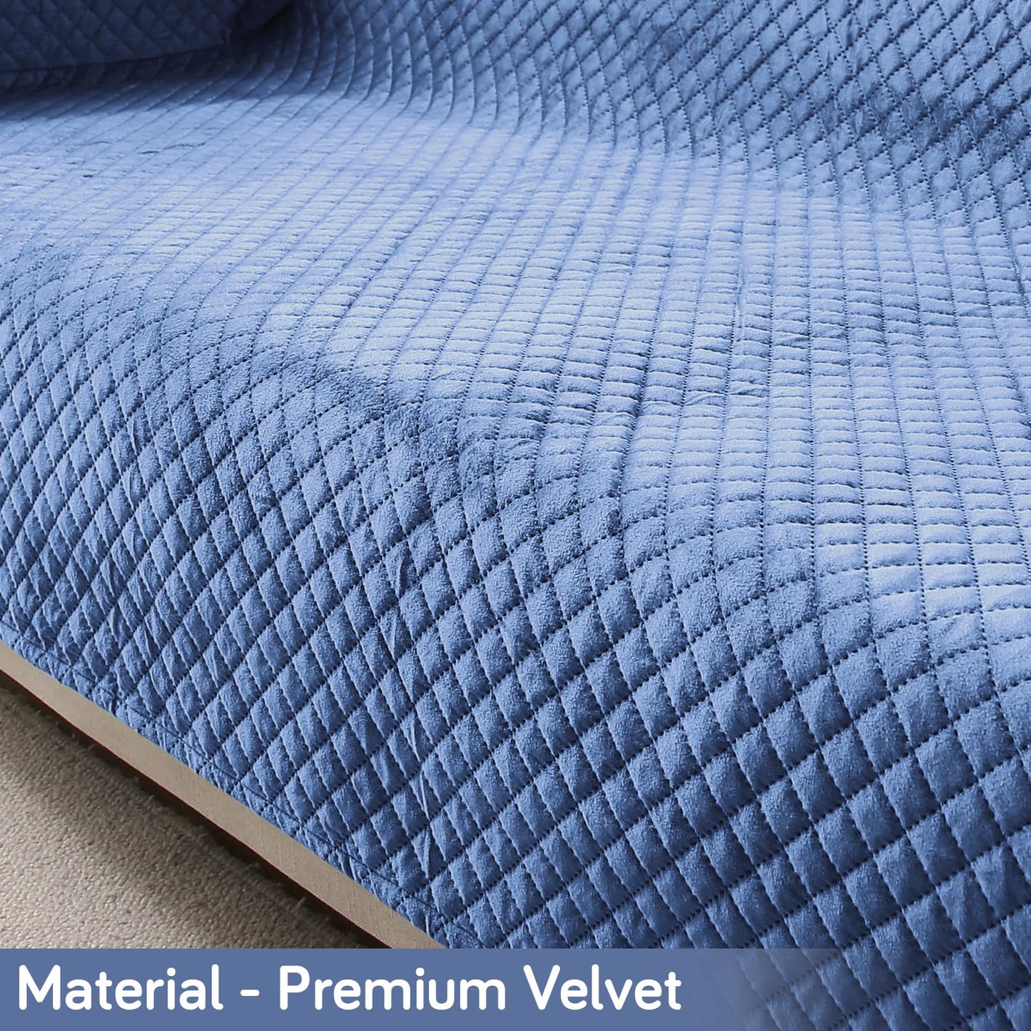 Quilted Velvet Sofa Cover Mat with Side Pockets, Pet Friendly, Placid Blue