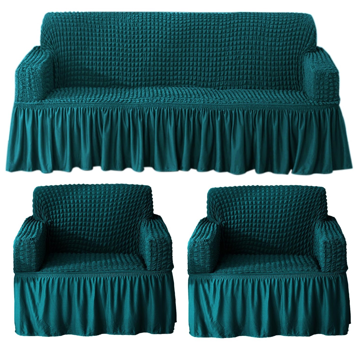 Teal Elastic Turkish Bubble Frill sofa cover for 3+1+1 seater sofa set