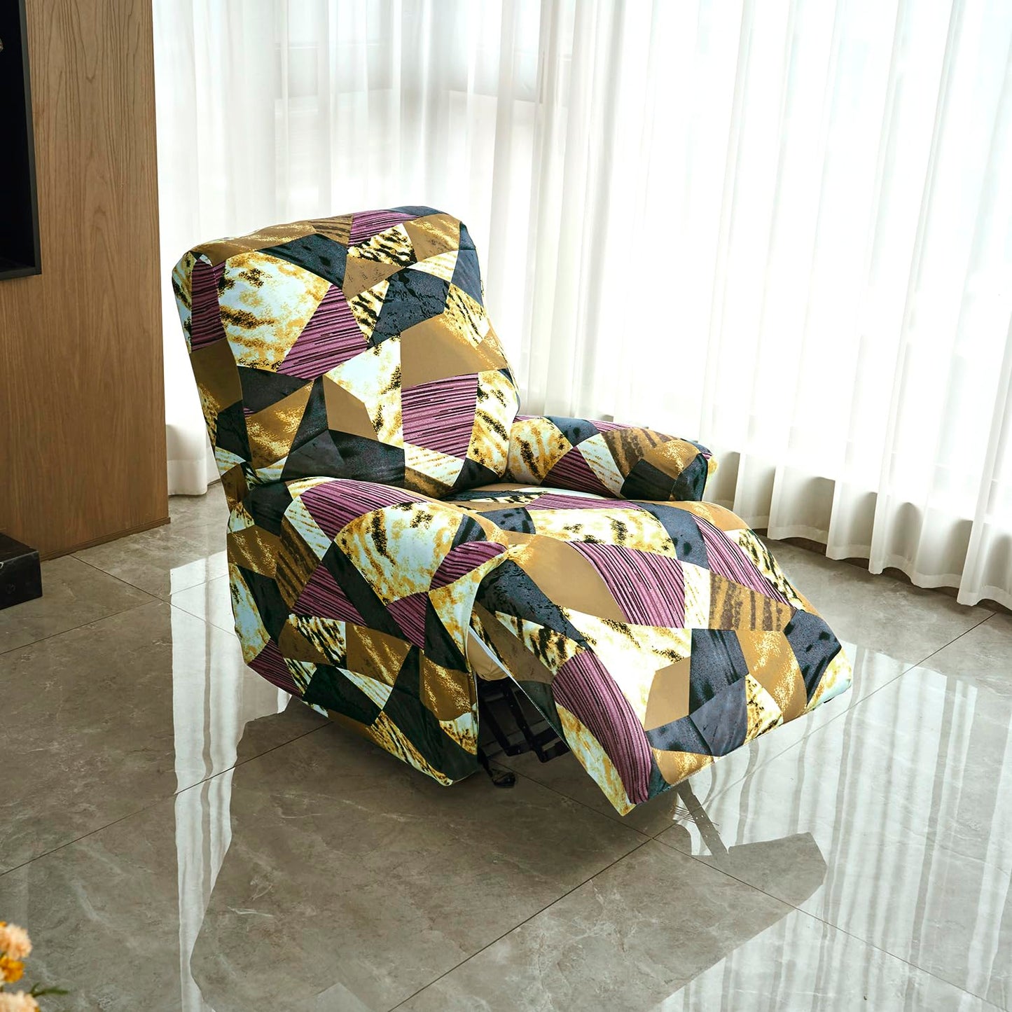 Elastic Stretchable Printed 140gsm Fully Covered Recliner Sofa Cover, Wine Abstract Geometry