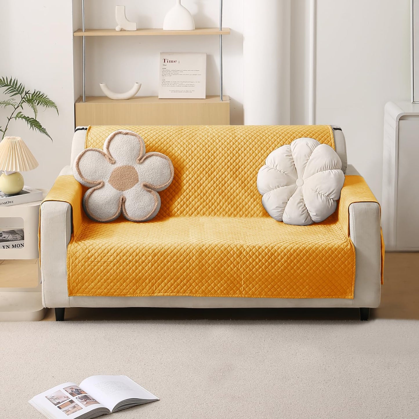 Quilted Velvet Sofa Cover Mat with Side Pockets, Pet Friendly, Mustard Yellow