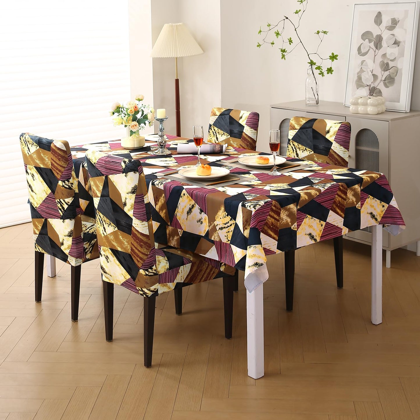 HOKIPO Elastic Dining Chair Covers with Matching Tablecloth, Wine Abstract Geometry