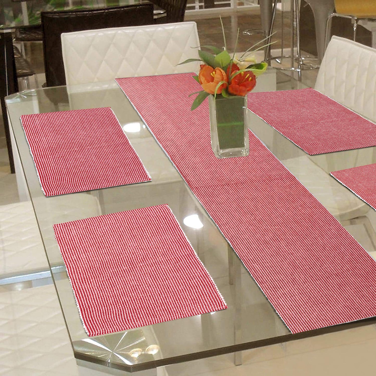 Ribbed Cotton Heat Resistant Dining Table Mat, Red