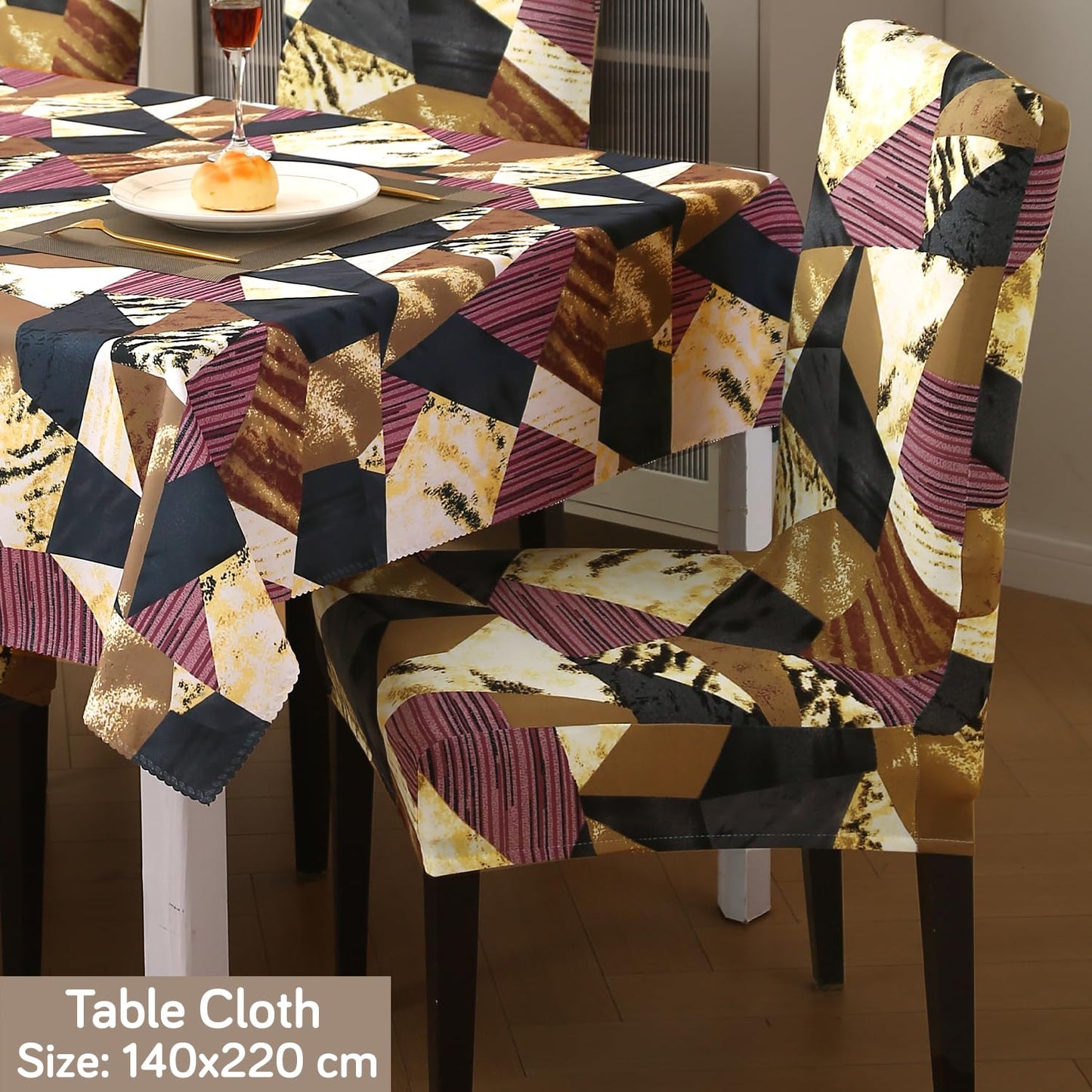 HOKIPO Elastic Dining Chair Covers with Matching Tablecloth, Wine Abstract Geometry