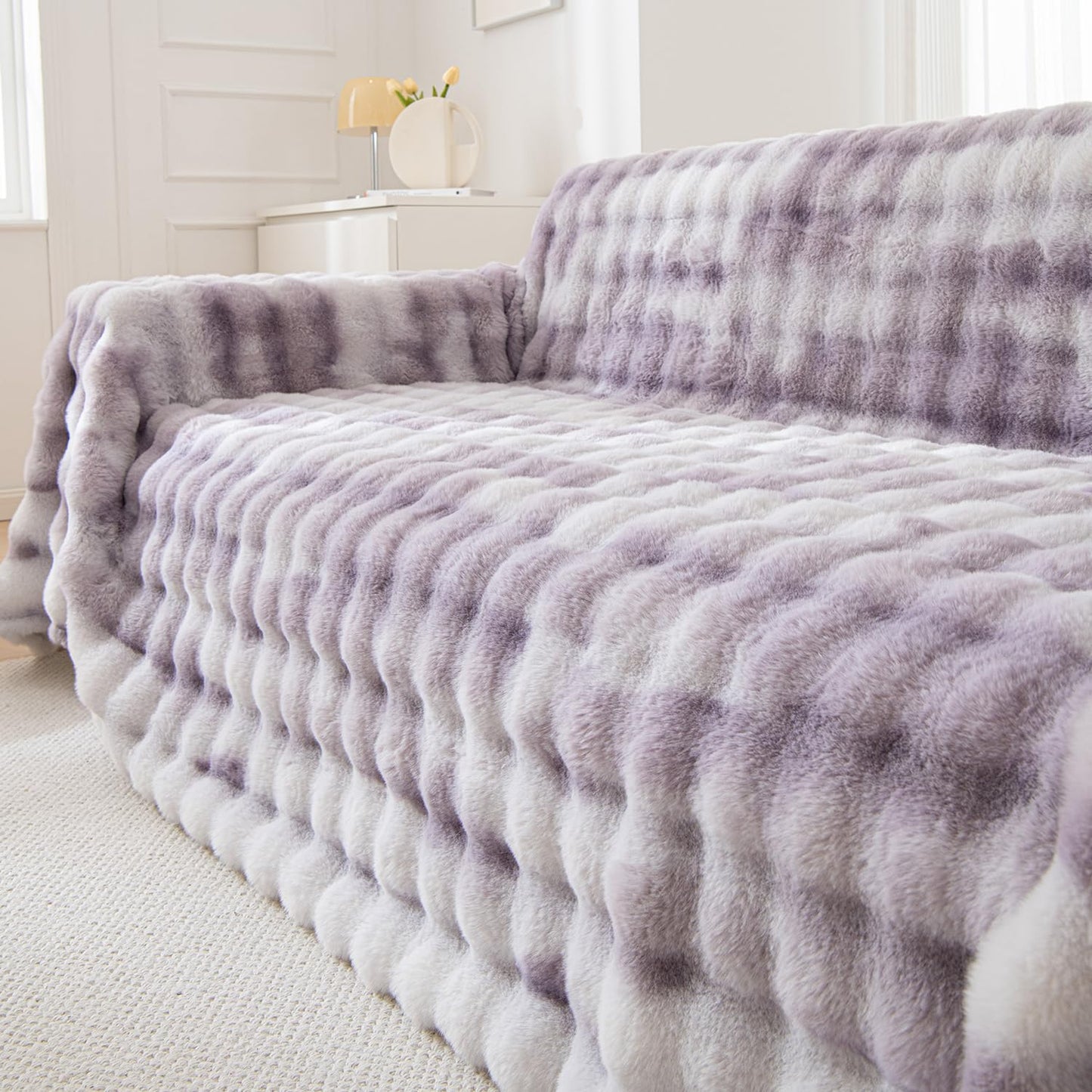 Luxury Gradient Faux Rabbit Wool Sofa Throw Fluffy Sofa Cover, Violet