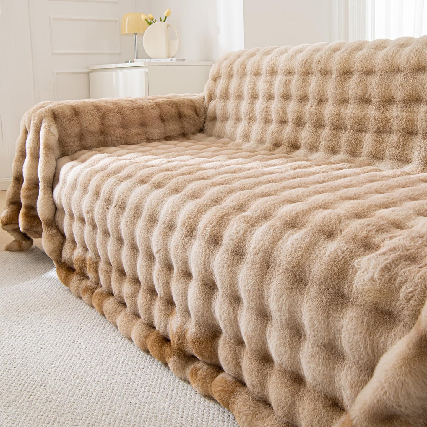 Premium Gradient Faux Rabbit Wool Sofa Throw Fluffy Sofa Cover, Brown