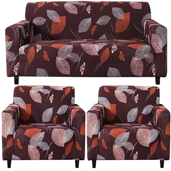 Elastic Stretchable Printed Sofa Cover, Dark Brown Leaf