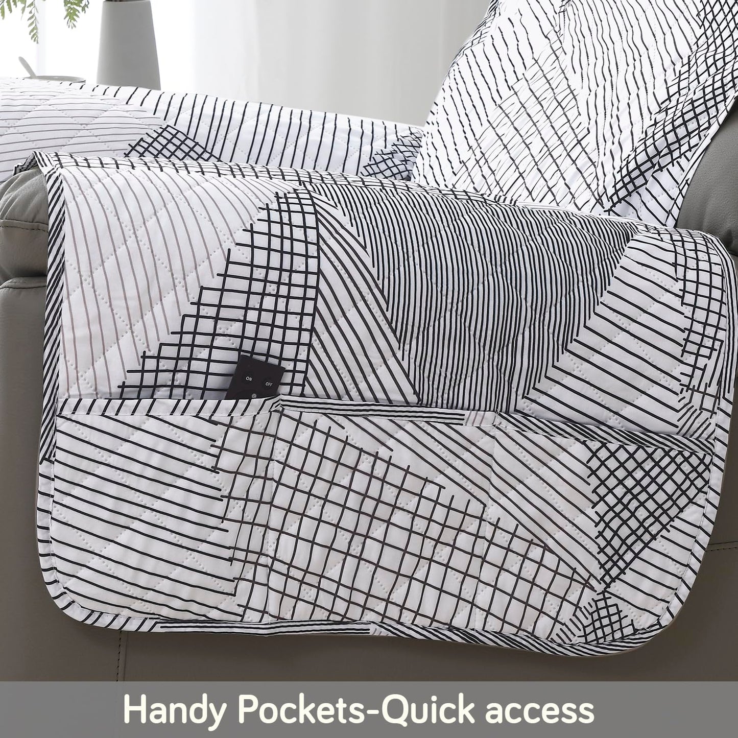 Quilted Recliner Water Repellent & Waterproof Cover for Small / Large - Snow White Black Geometry