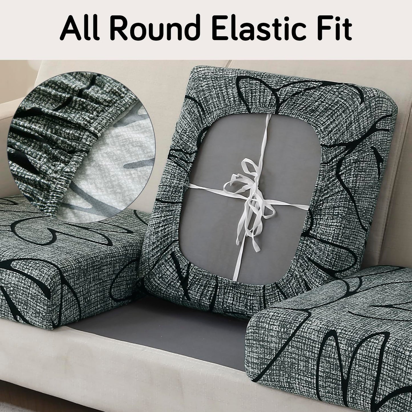 140 GSM Stretchable Printed Elastic Sofa Cushion Seat Cover for 1 /2 /3 Seaters / Pieces for Sofa, Intense Grey Abstract Floral