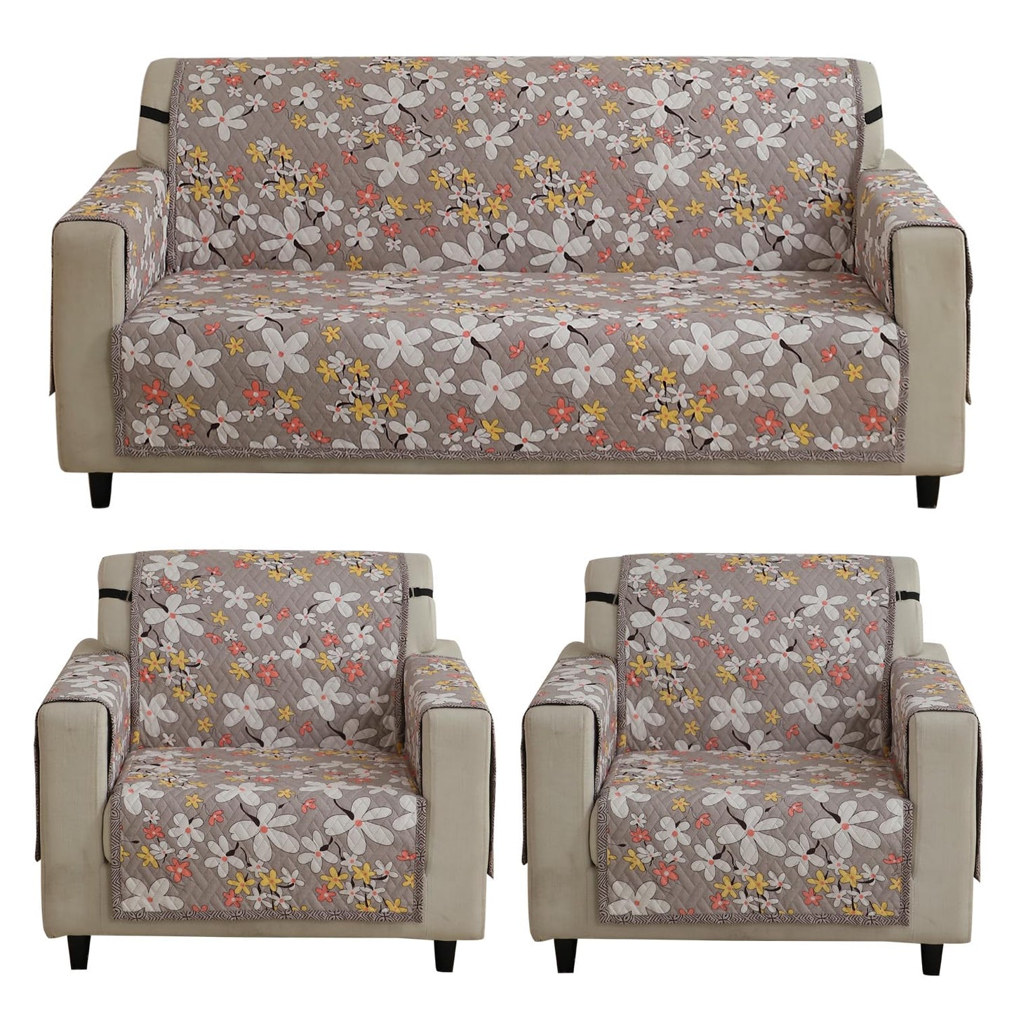 Quilted Sofa Cover with Pockets, Pastel Brown Sandwort Flower