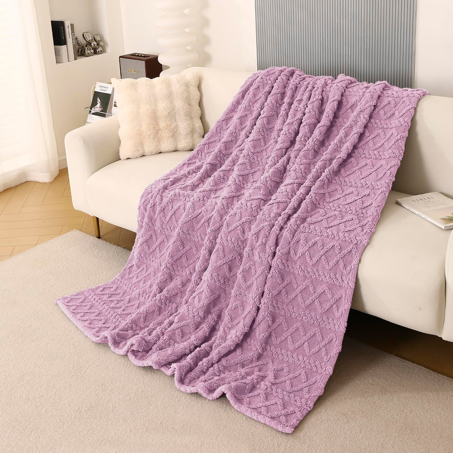220 GSM Flannel AC Throw Blanket Double Bed Queen, 200x230 cm / 6.5x7.5 feet, Lilac
