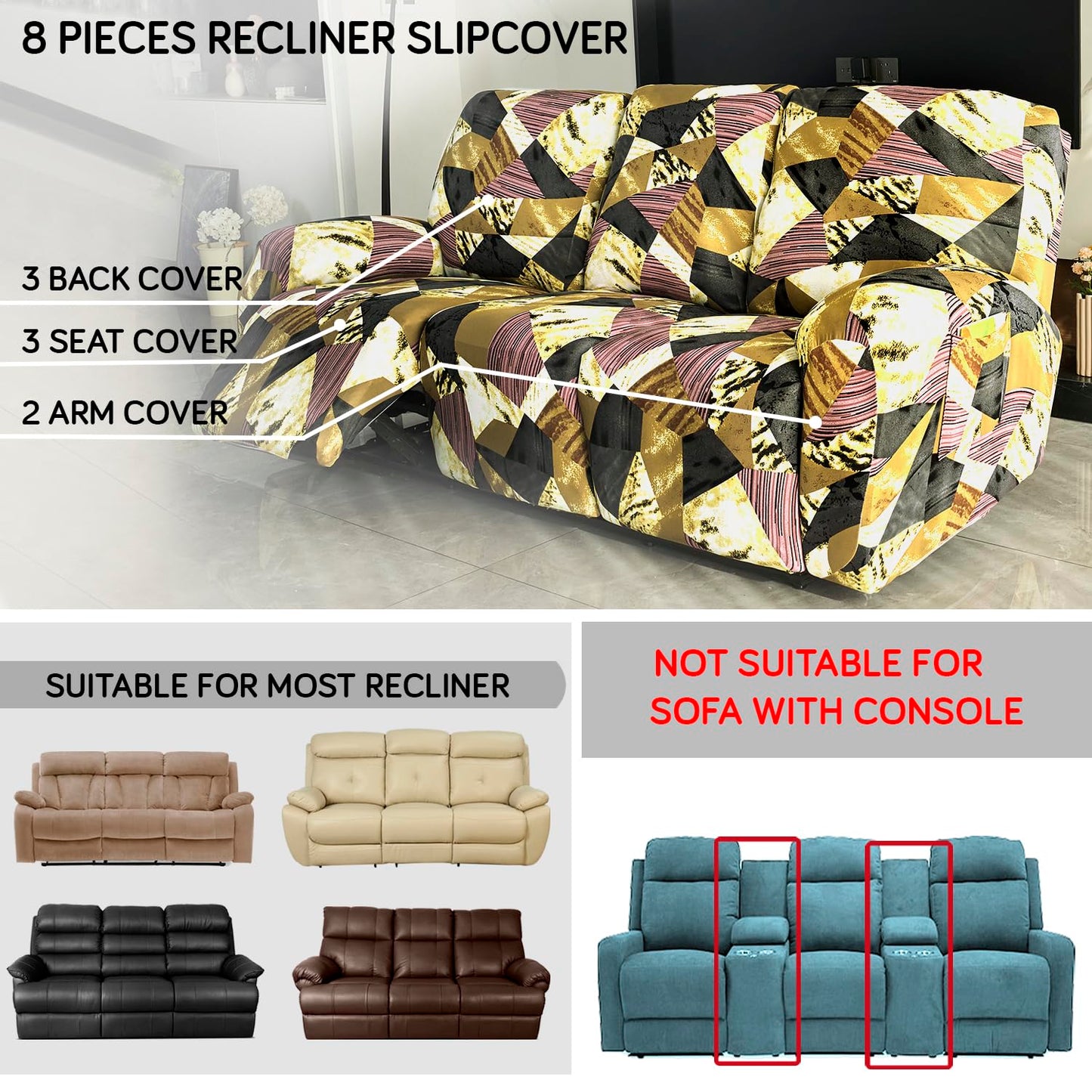 Elastic Stretchable Printed 140gsm Fully Covered Recliner Sofa Cover, Wine Abstract Geometry
