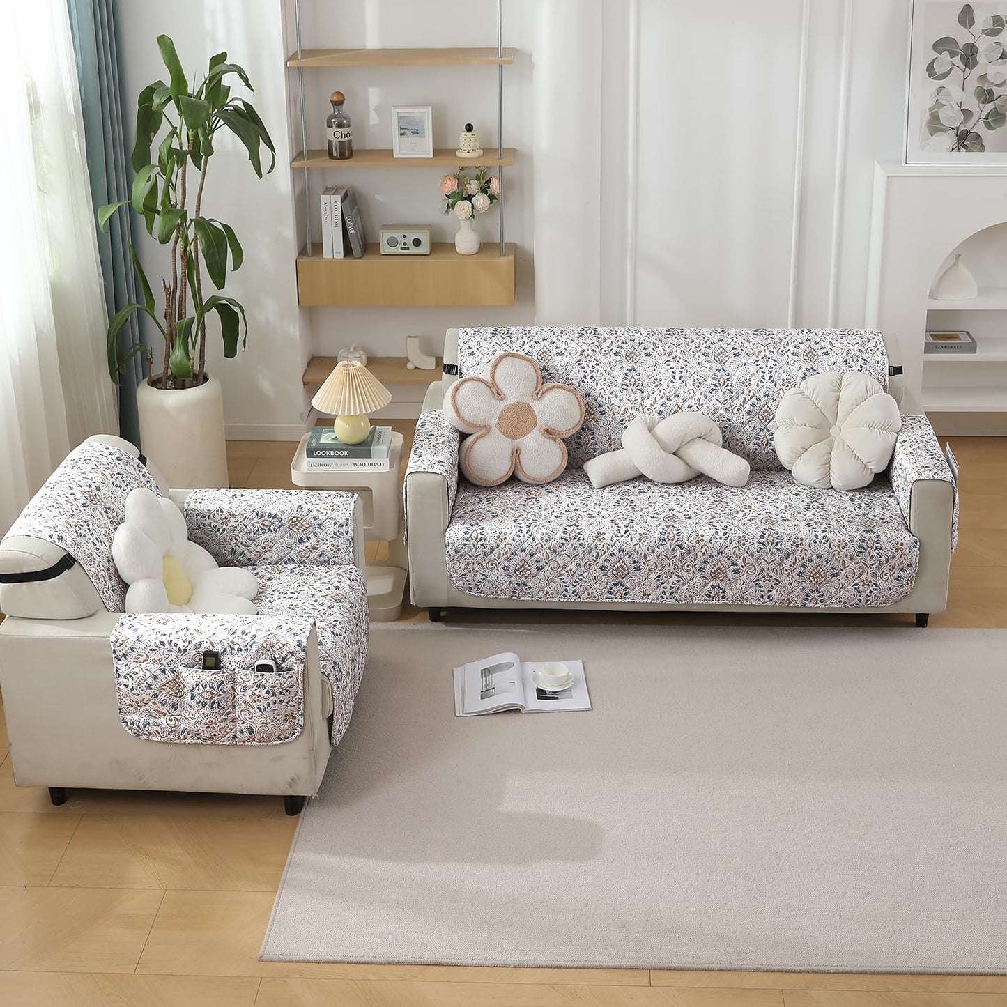 Quilted Waterproof Sofa Cover Mat with Pockets on Armrest Cover -Damask White