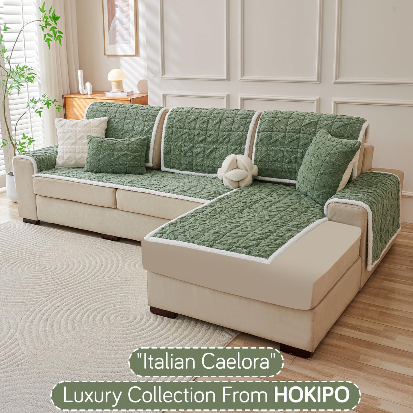 Italian Caelora Luxury Jacquard Plush L Shape Sofa Cover Seat Mat - Sage Green