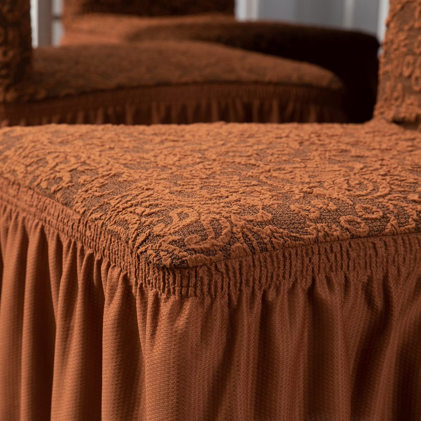 Elastic Stretchable Designer Woven Jacquard Dining Chair Cover with Frill, Caramel Brown