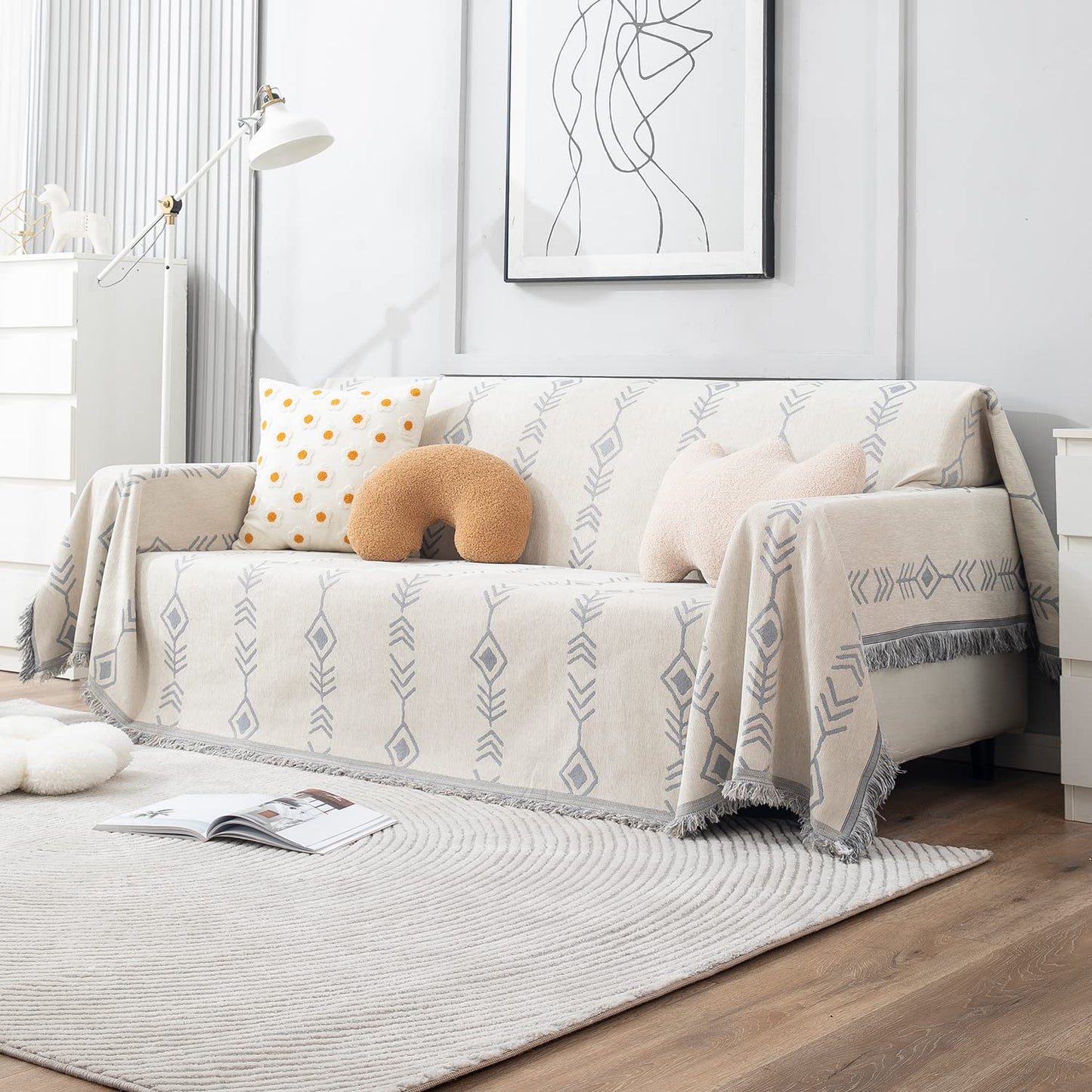 Thick, Soft and Pet Friendly Chenille Sofa Cover Throw, Off-White Aztec