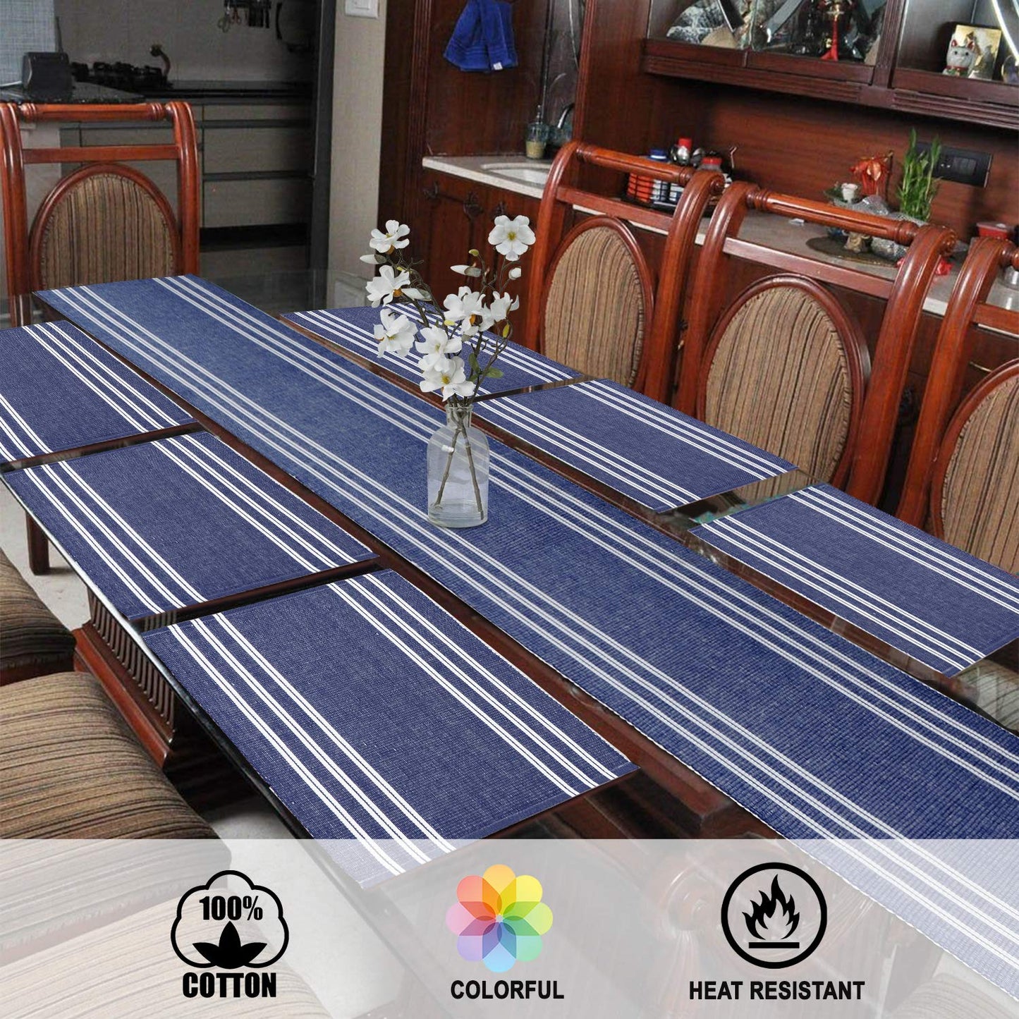 Ribbed Cotton Heat Resistant Dining Table Mat, Blue