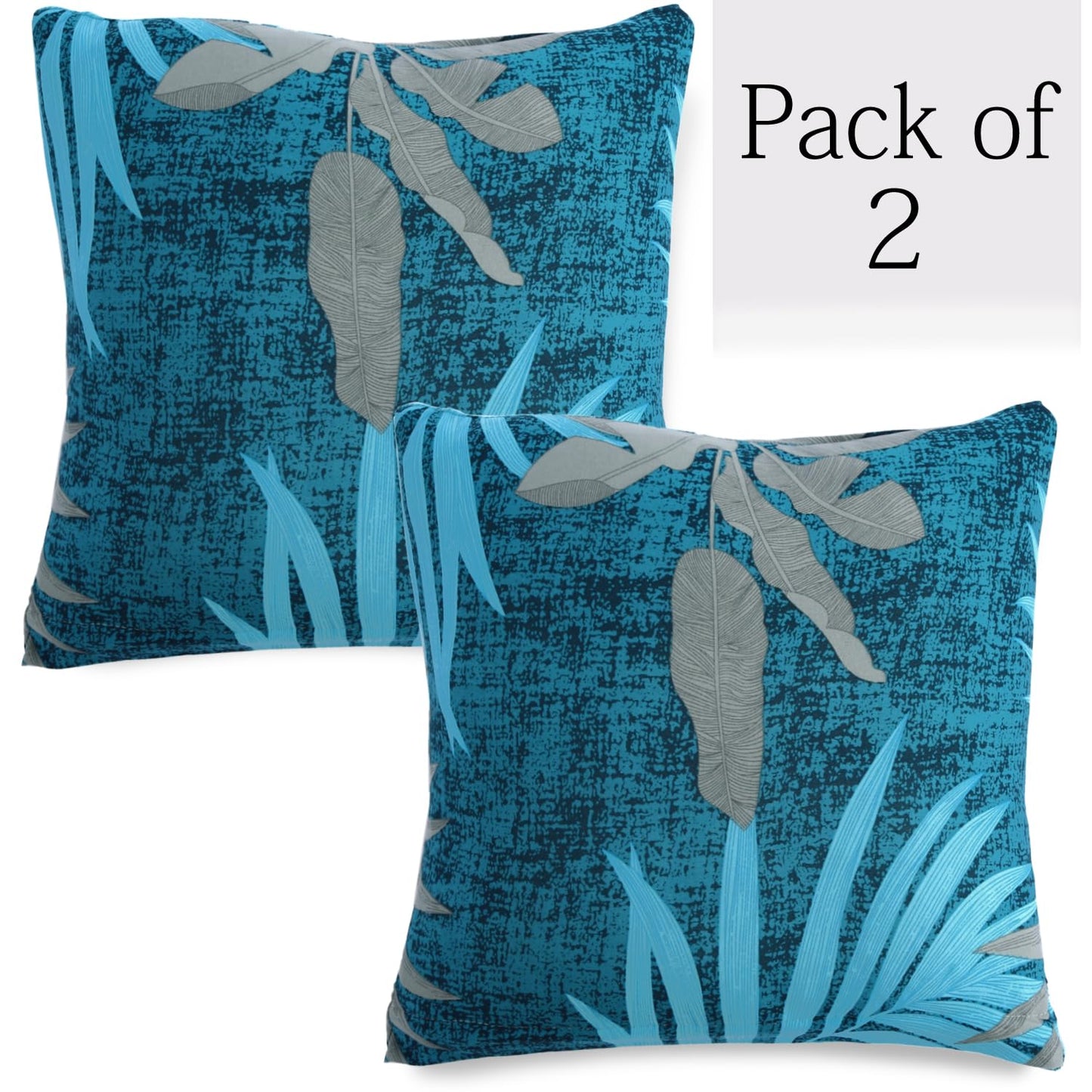 Stretchable Pack of 2 Cushion Cover 16x16, Sea Blue Tropical Leaves