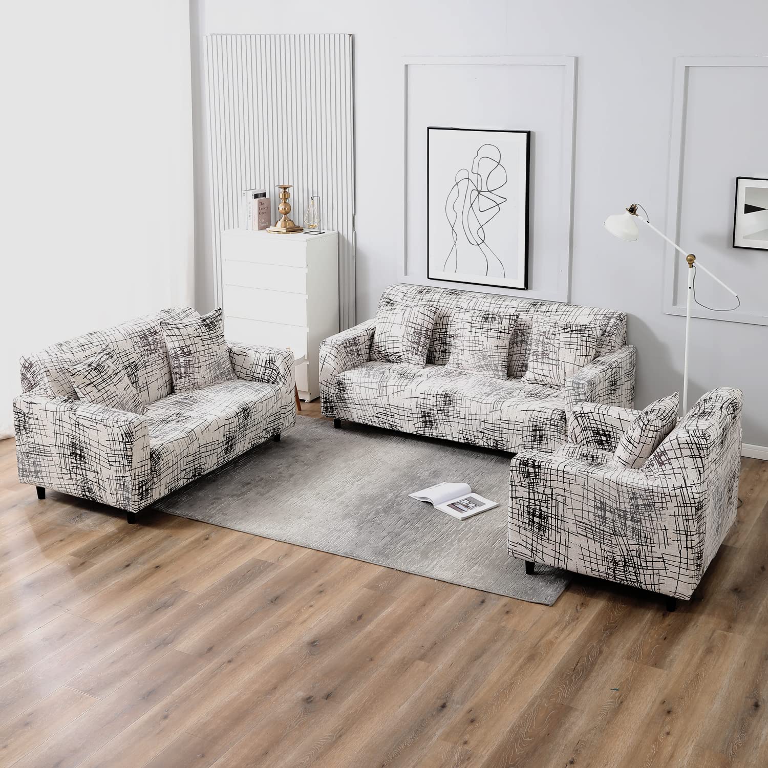 Beige Brown Lines elastic sofa cover sets for 1,2,3,4,5 & 7 seater sofas