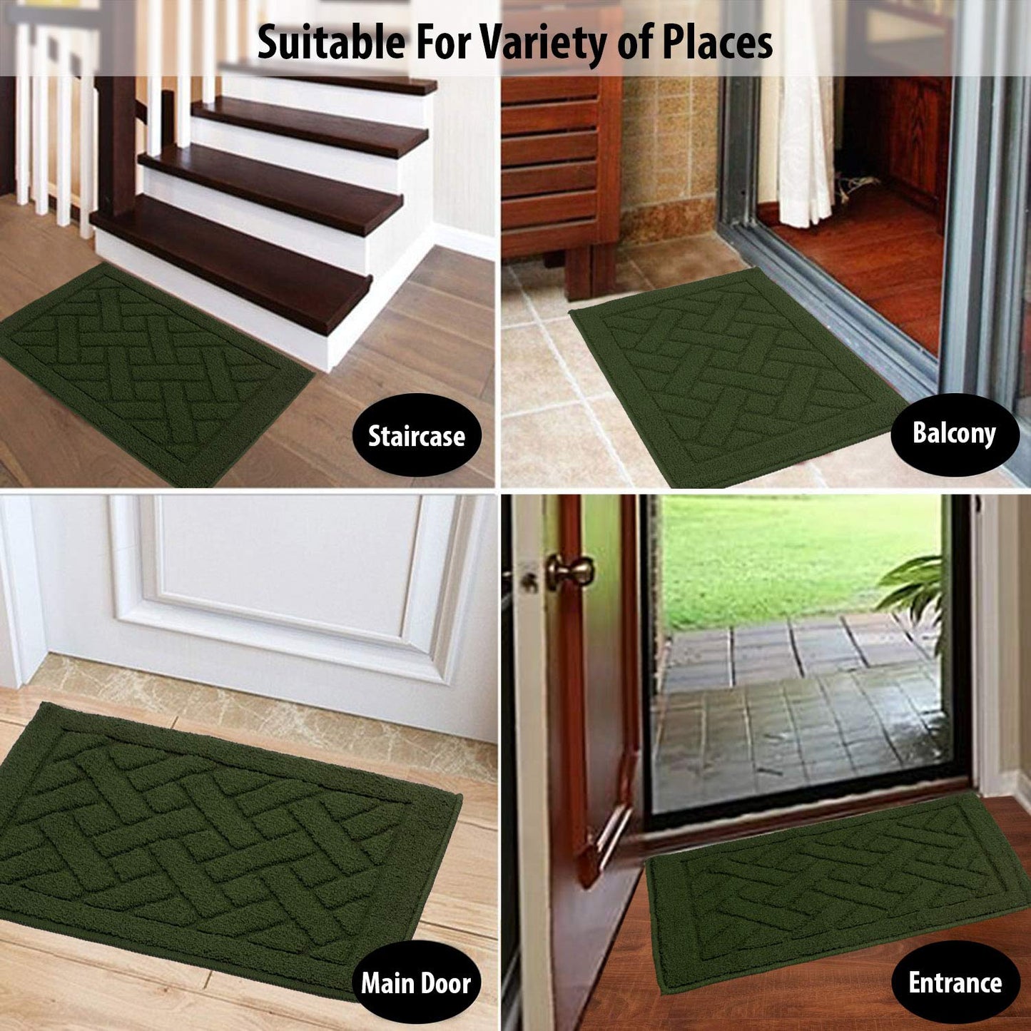 Entrance Door Inside and Outside Dirt Trapper Mat Polypropylene Fiber Anti-Slip Rubber Back Machine Washable Mat, Rectangular - 45 x 70 cm, Green