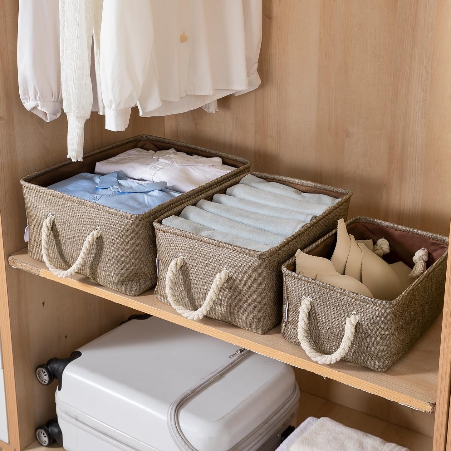 Jute Eco-Friendly Foldable Clothes Storage Basket Bin Organizer, Set Of 2, Large, Coffee Brown