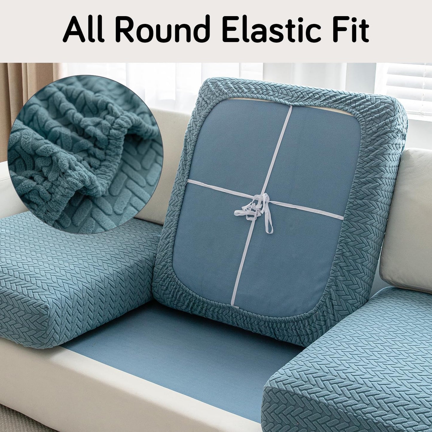 Stretchable Thick Jacquard Textured Seat Couch Cushion Cover for 1/2/3 Seaters, Carolina Blue